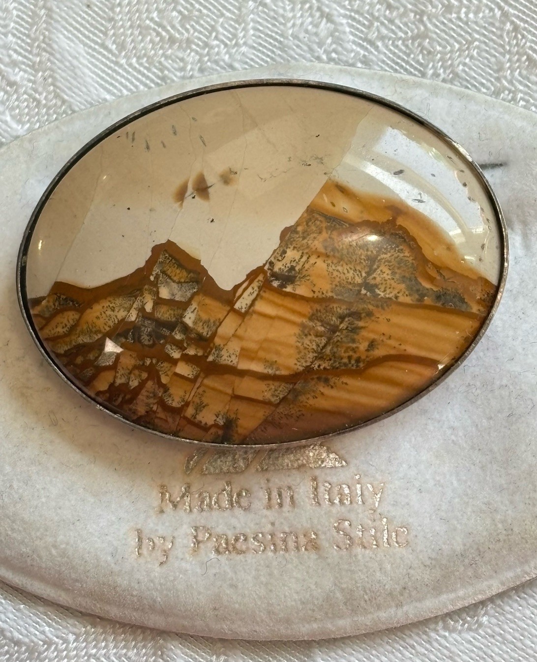 Vintage Picture Jasper Pin Landscape Brooch Tuscany Paesina Stone Italy UNUSED