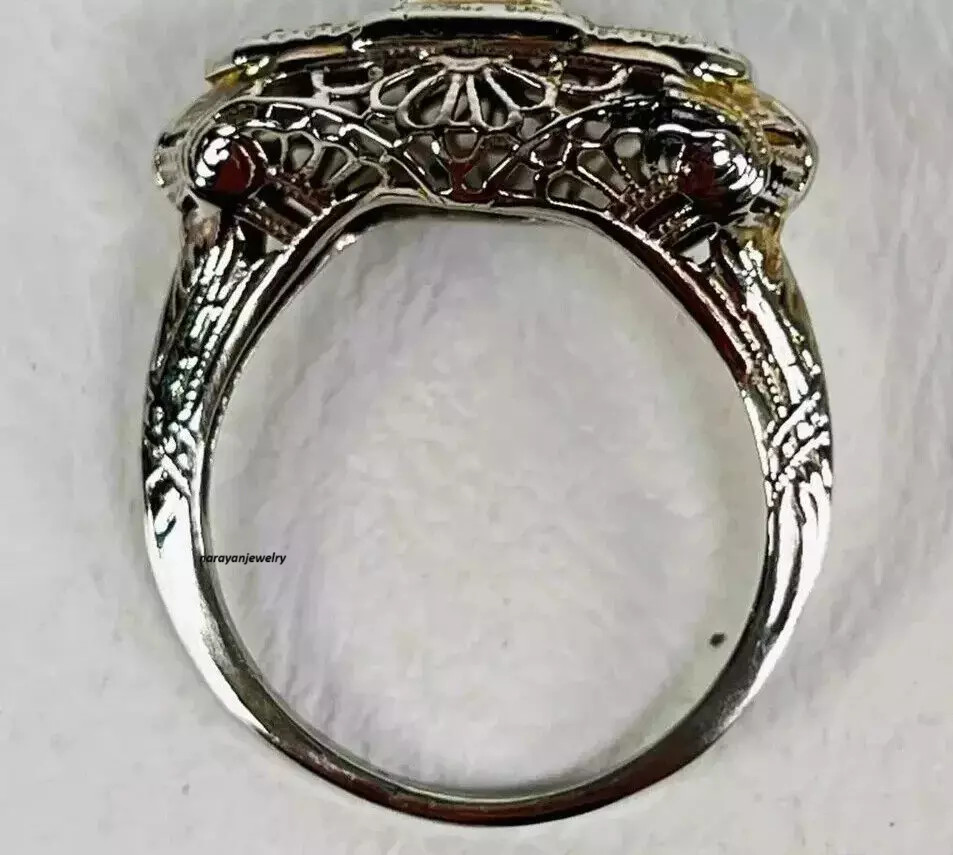 Art Deco Emerald & Lab Created Diamond 14K White Gold FN Filigree Wedding Ring