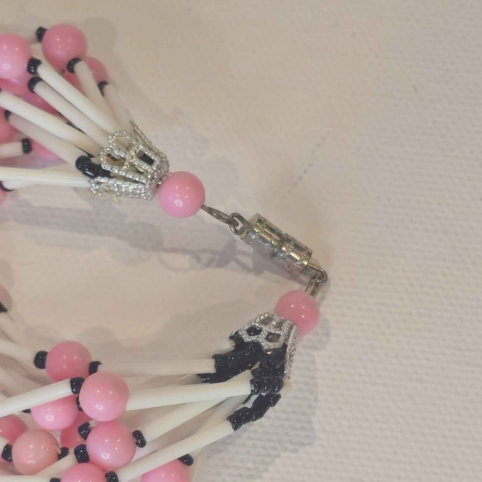 Vintage Japan Pink White Black Beaded Necklace & Clip‑On Earrings Set