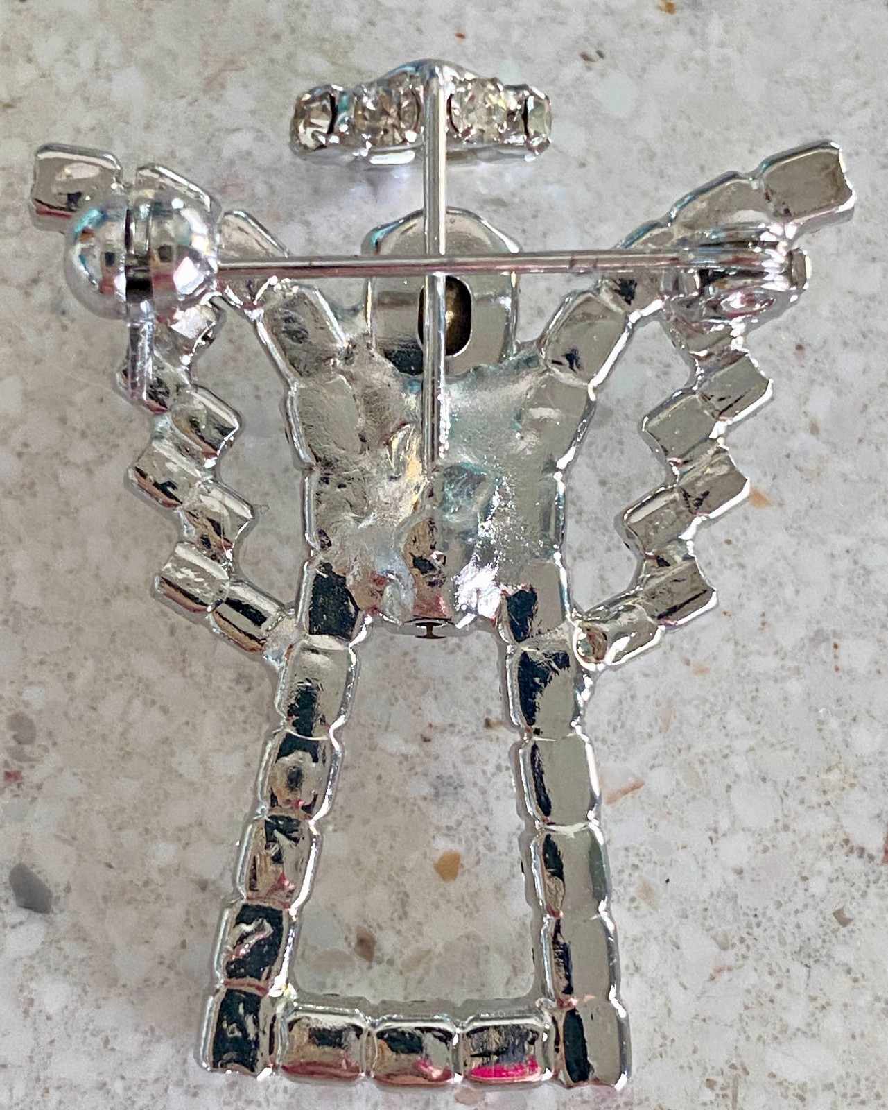 Vintage Rhinestone Guardian Angel Halo Brooch Prong Set Silver Tone 1.5″ Pin