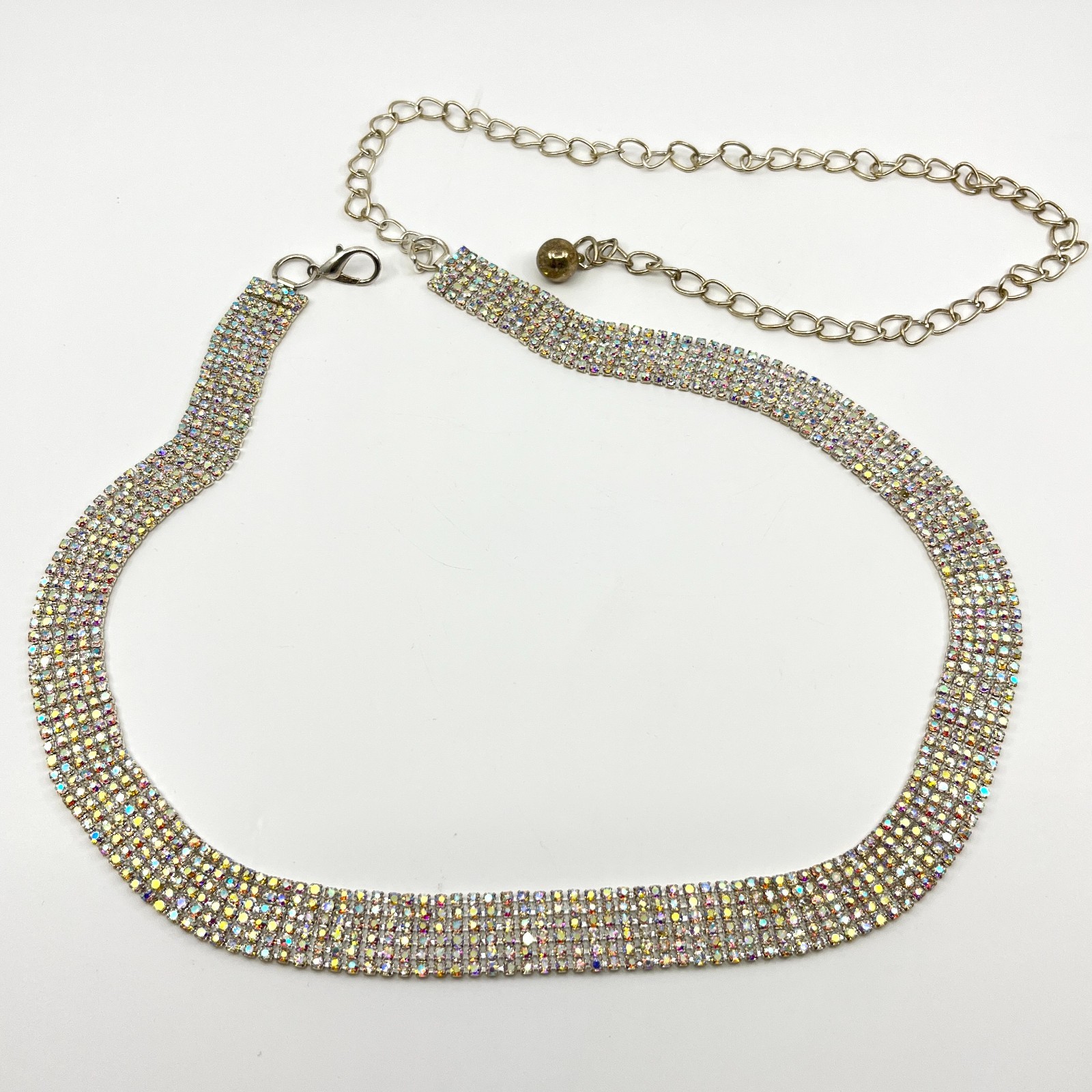 VTG Y2K Silver Multi-Row Aurora Borealis Rhinestone Chain Belt Choker Lobster
