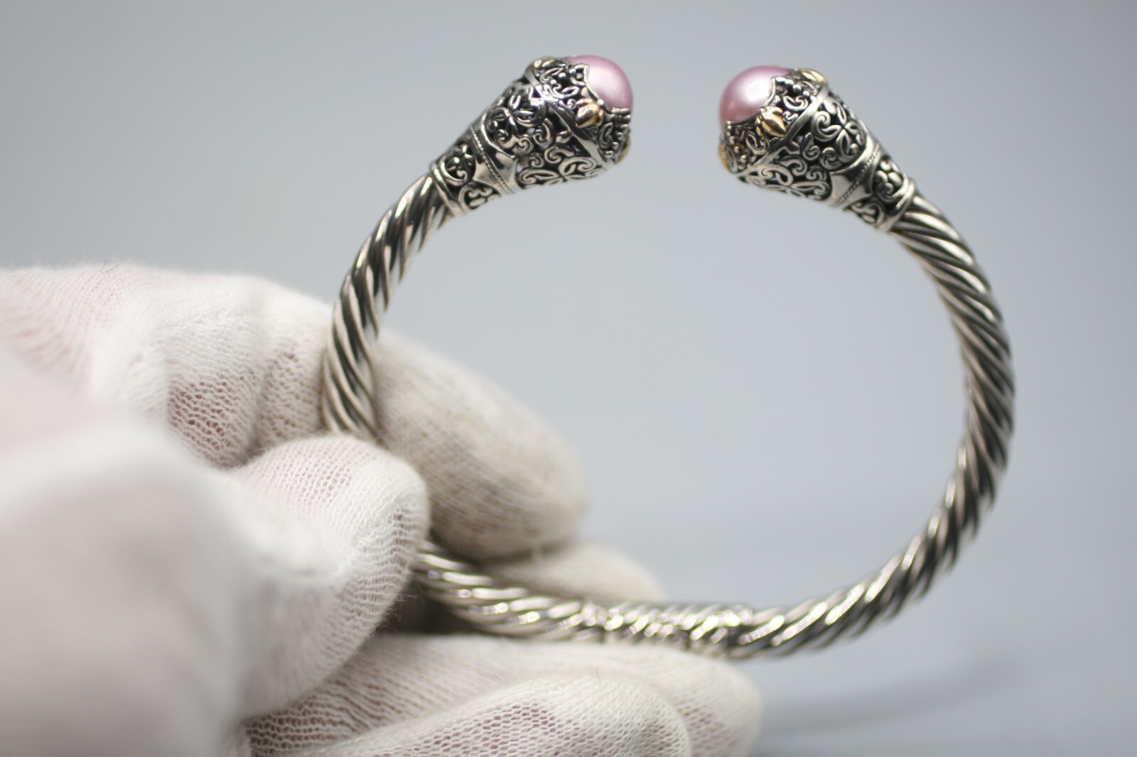 ROBERT MANSE STERLING SILVER 18K GOLD INDONESIA PINK PEARL CUFF BRACELET P4