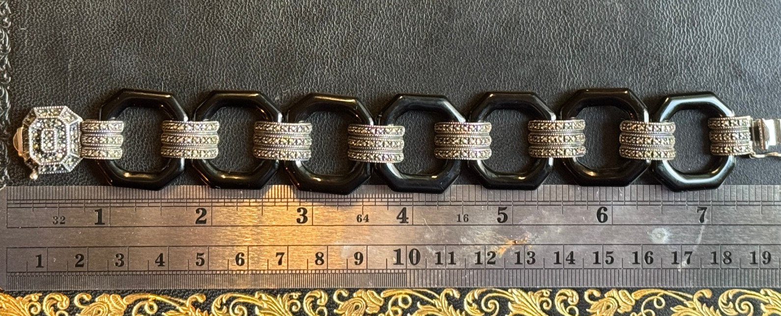 Vintage Judith Jack Sterling Marcasite Black Onyx Bracelet 7.5″ Art Deco Style