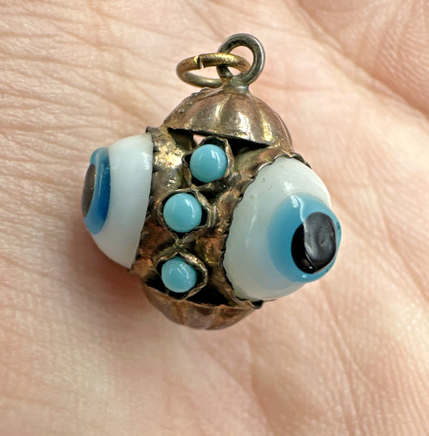 Vtg Victorian? Triple Evil Eye Blown Glass Gilted Brass Pendant Good Luck Amulet
