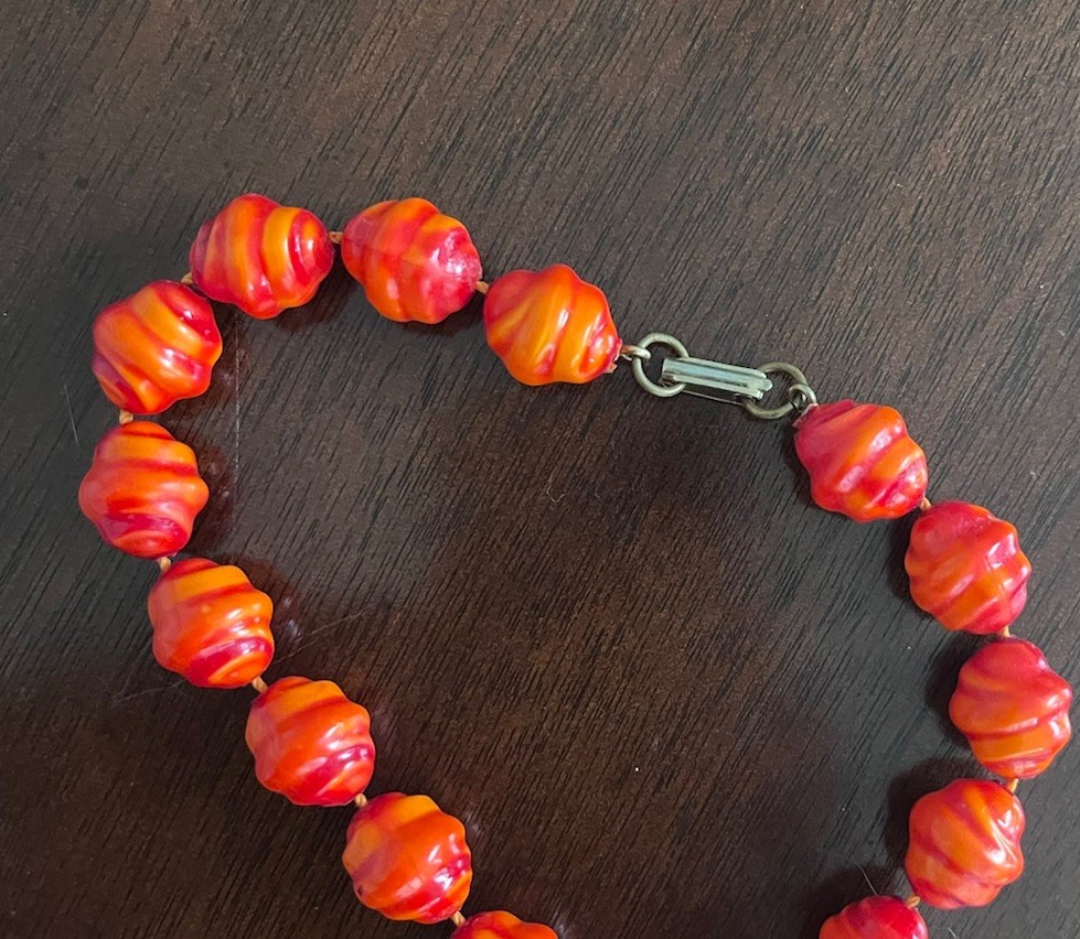 Vintage Orange Coral Red Resin Textured Beaded Extra Long 48” Knotted Necklace
