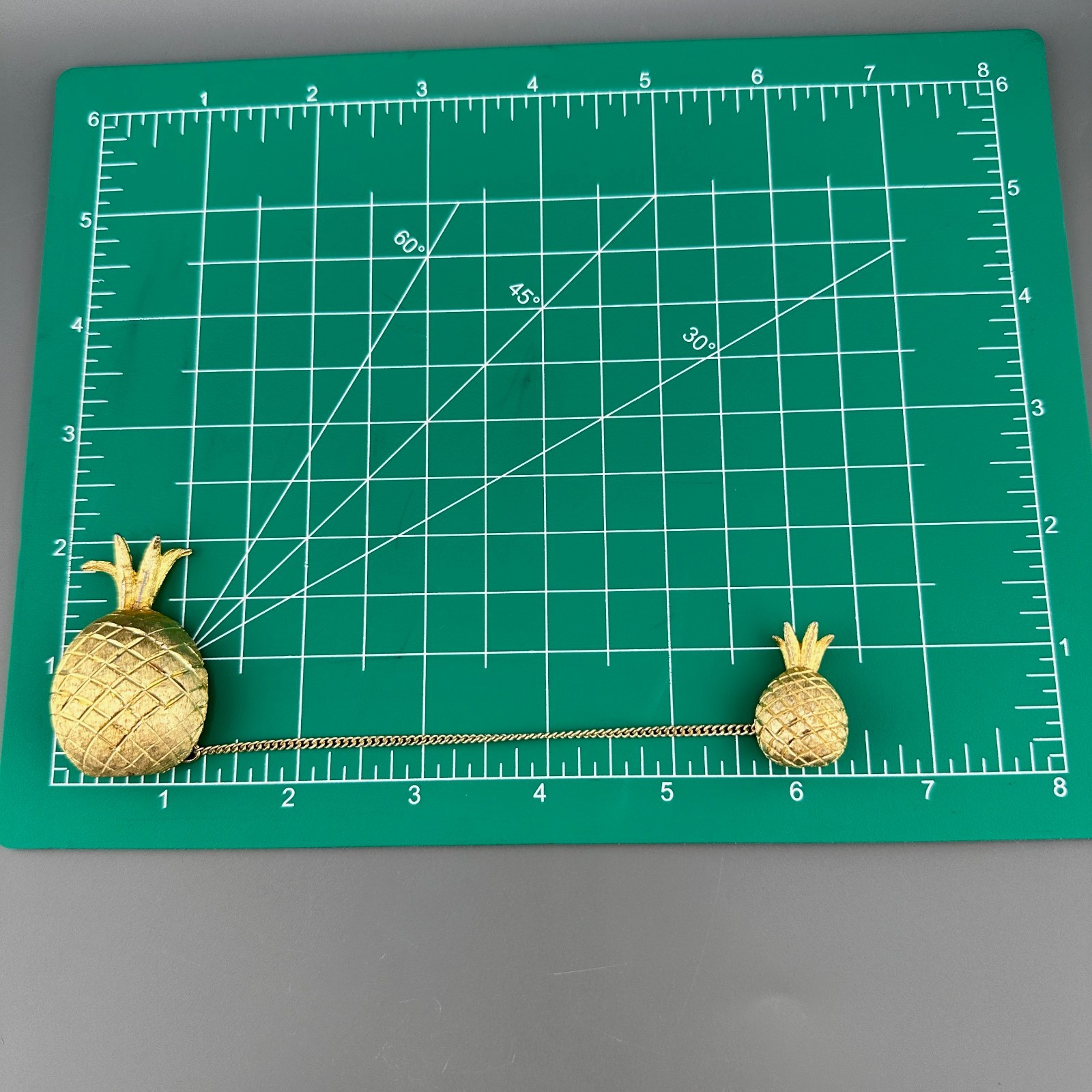 Vintage BSK Pineapple Brooch Double Pin Gold Tone Figural Connected 5″ Chain