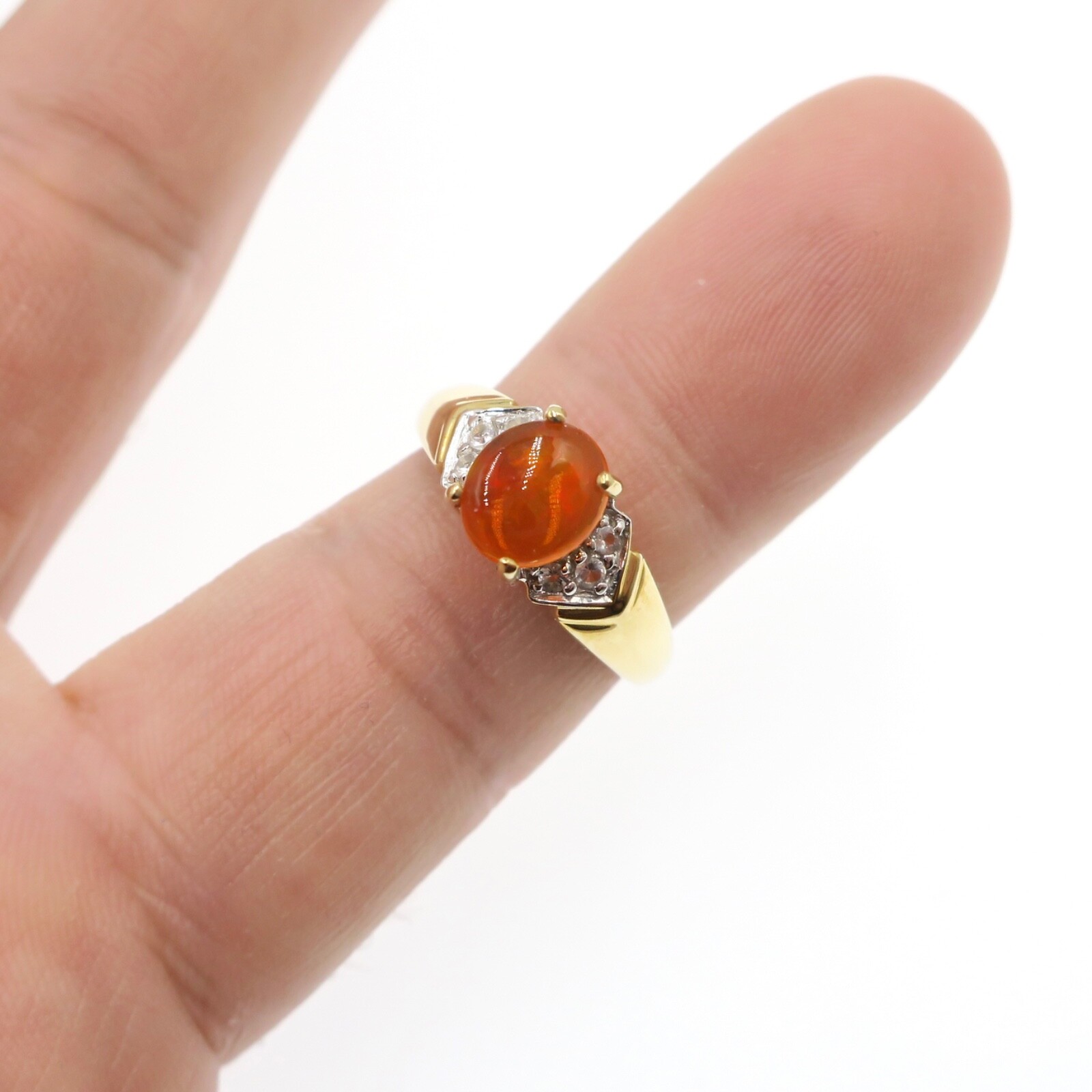 14k Solid Yellow Gold Natural Mexican Fire Opal Ring with Play-of-Color Sz 6.75