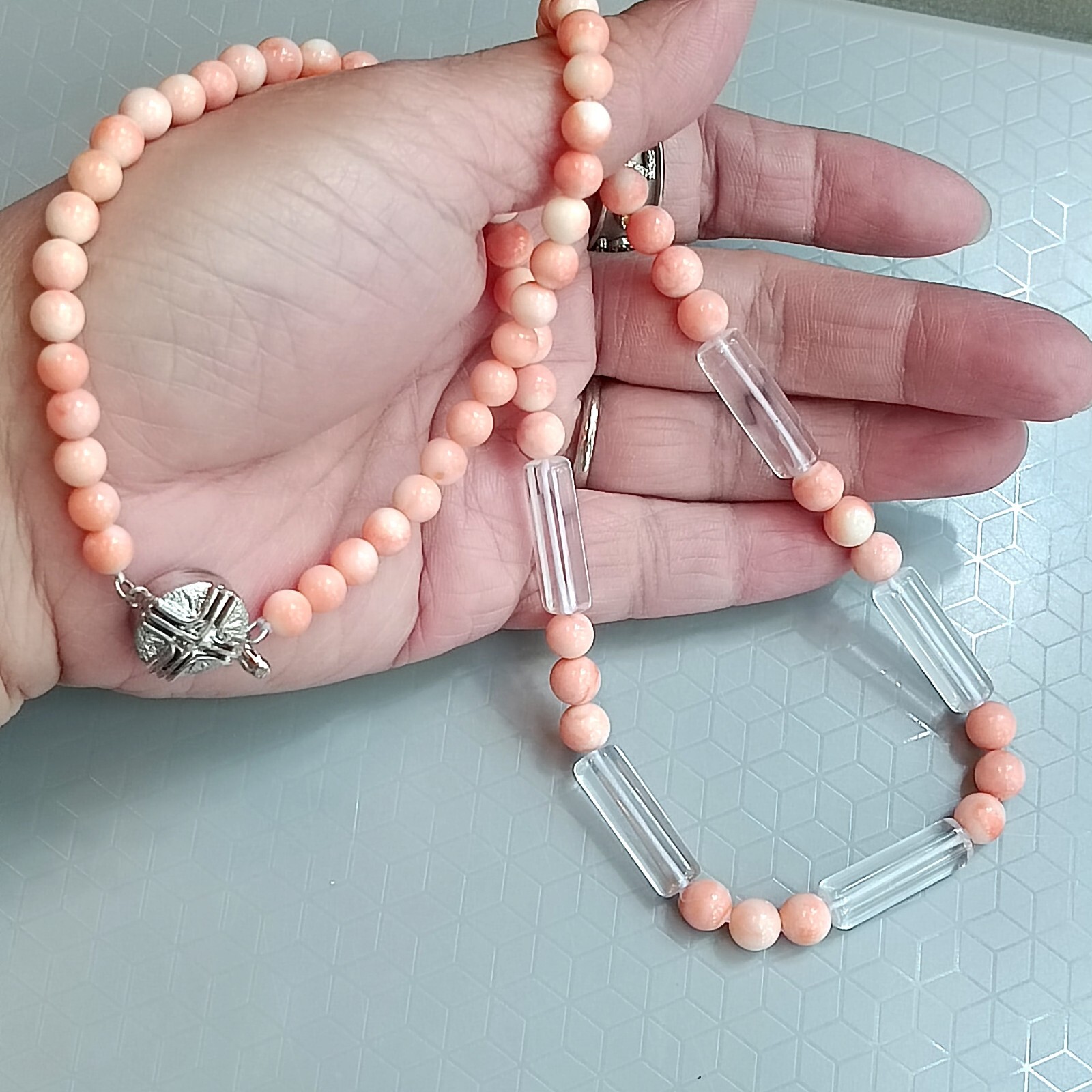 Natural Japan Angel Skin Pink Coral 6.4mm. & Crystal Quartz Necklace 21 in.,35g.