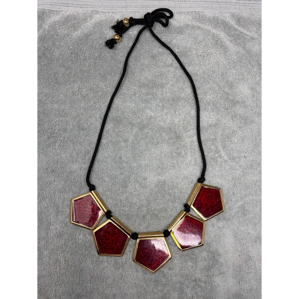 Vintage Yves Saint Laurent YSL Red Gold Pentagonal Statement Cord Necklace
