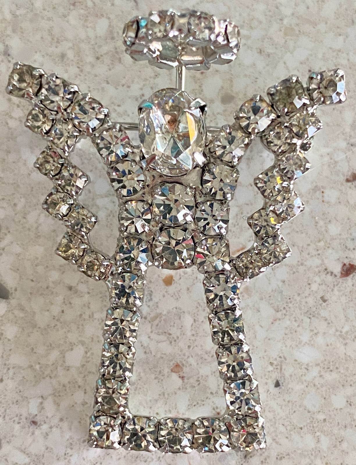 Vintage Rhinestone Guardian Angel Halo Brooch Prong Set Silver Tone 1.5″ Pin