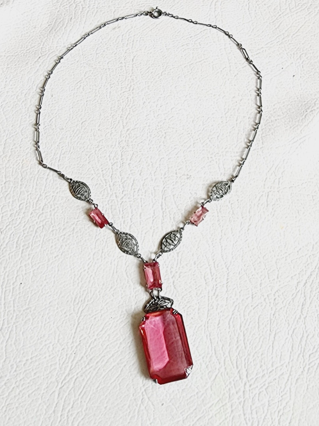 Antique ART DECO Silver Tone PINK CZECH Glass Filigree Necklace