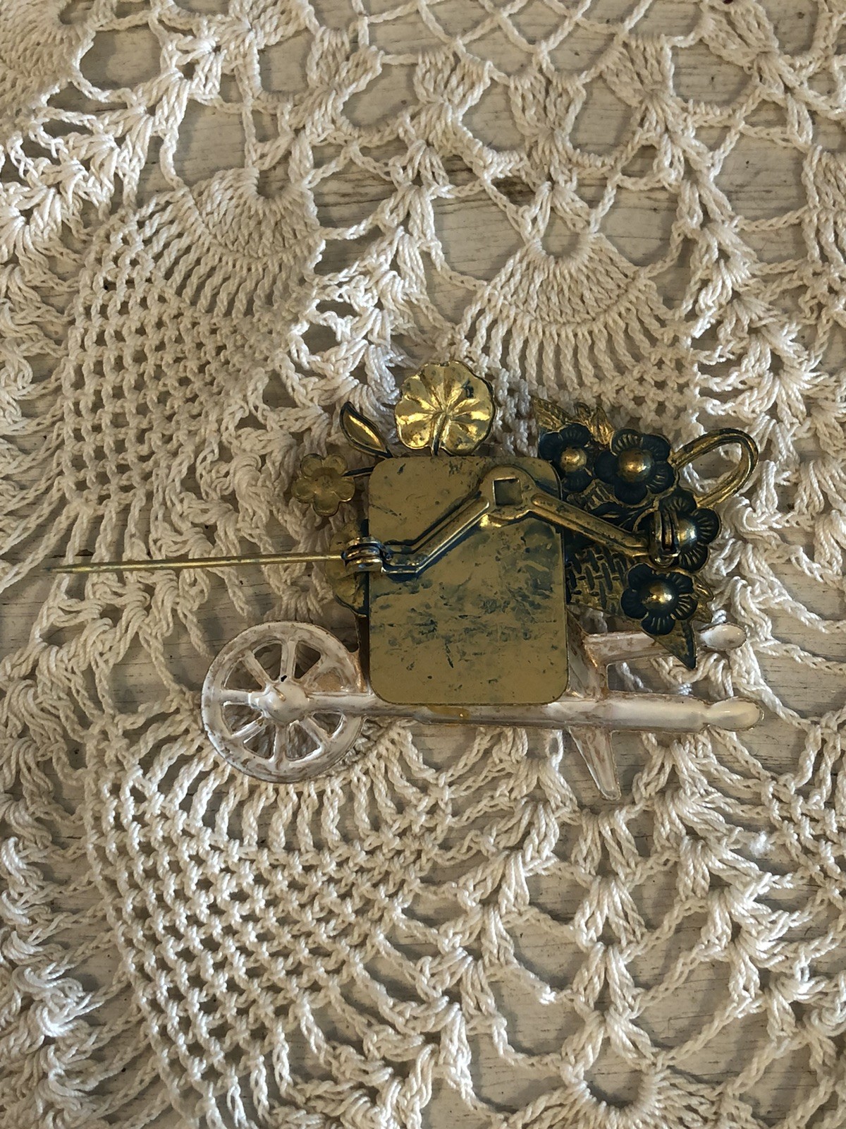 Two Vintage Brooches Flower Wheelbarrow & Iridescent White Cat Beautiful Pins