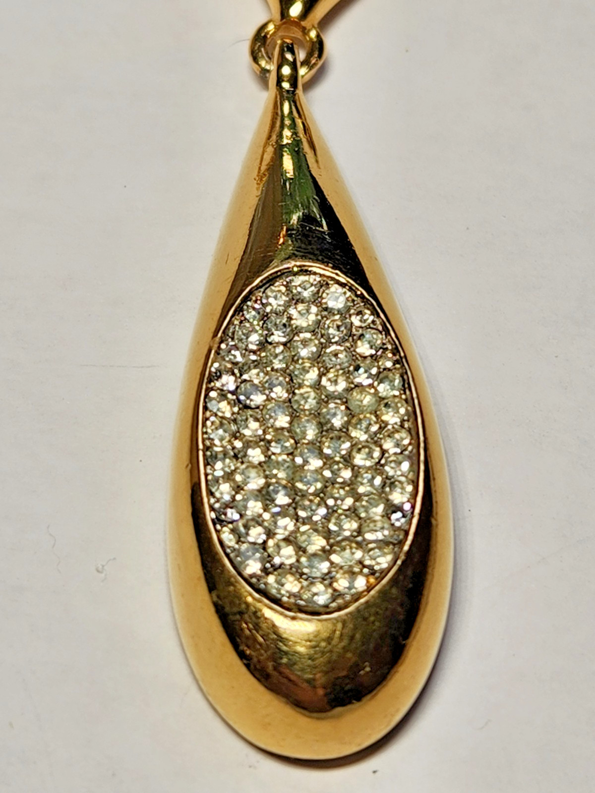 Vintage Trifari Pave Rhinestone Teardrop Pendant Necklace Gold Tone Snake Chain