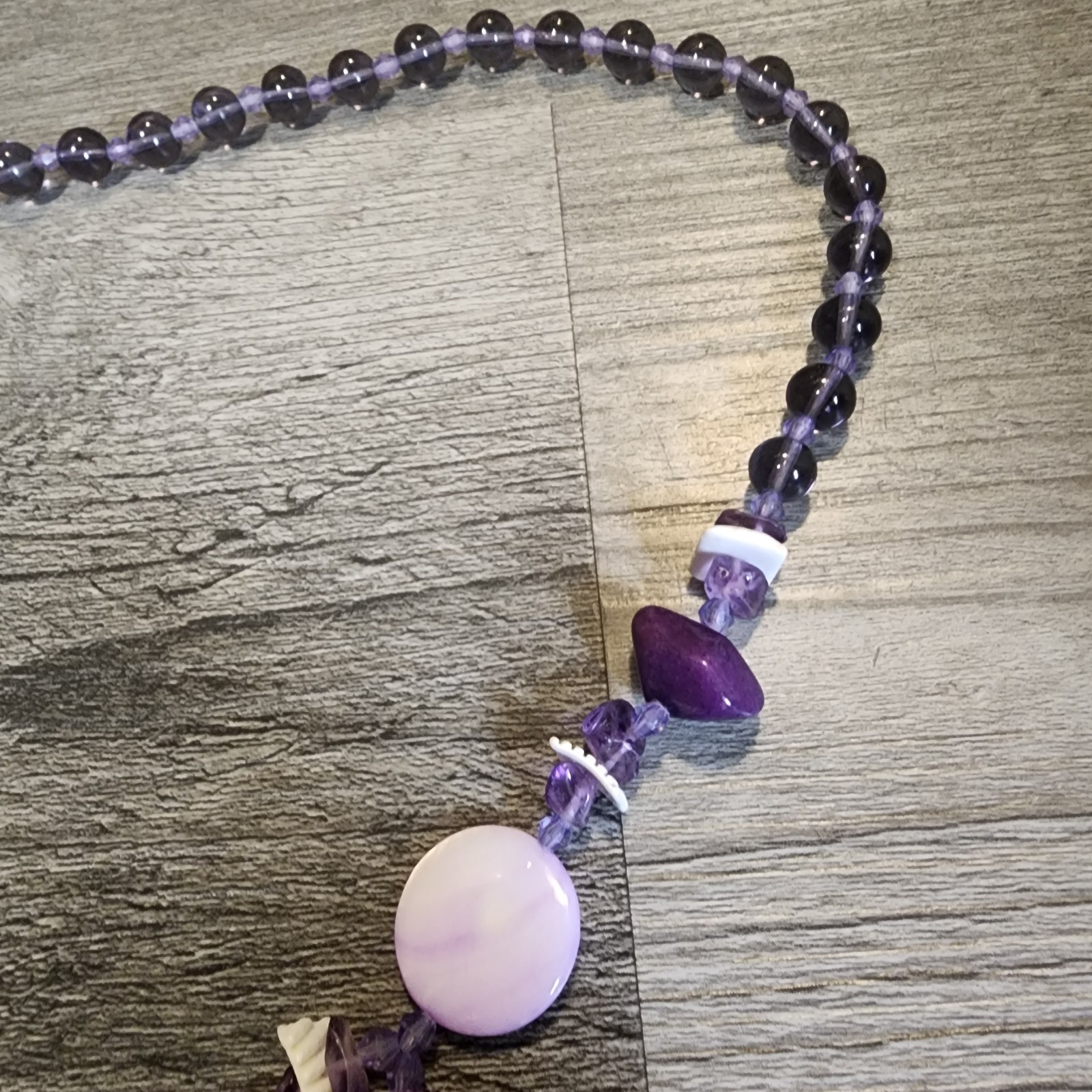 Vintage Necklace Purple Stone Seashell Rock Crystal Quartz Bead Tassel 20″ Shell