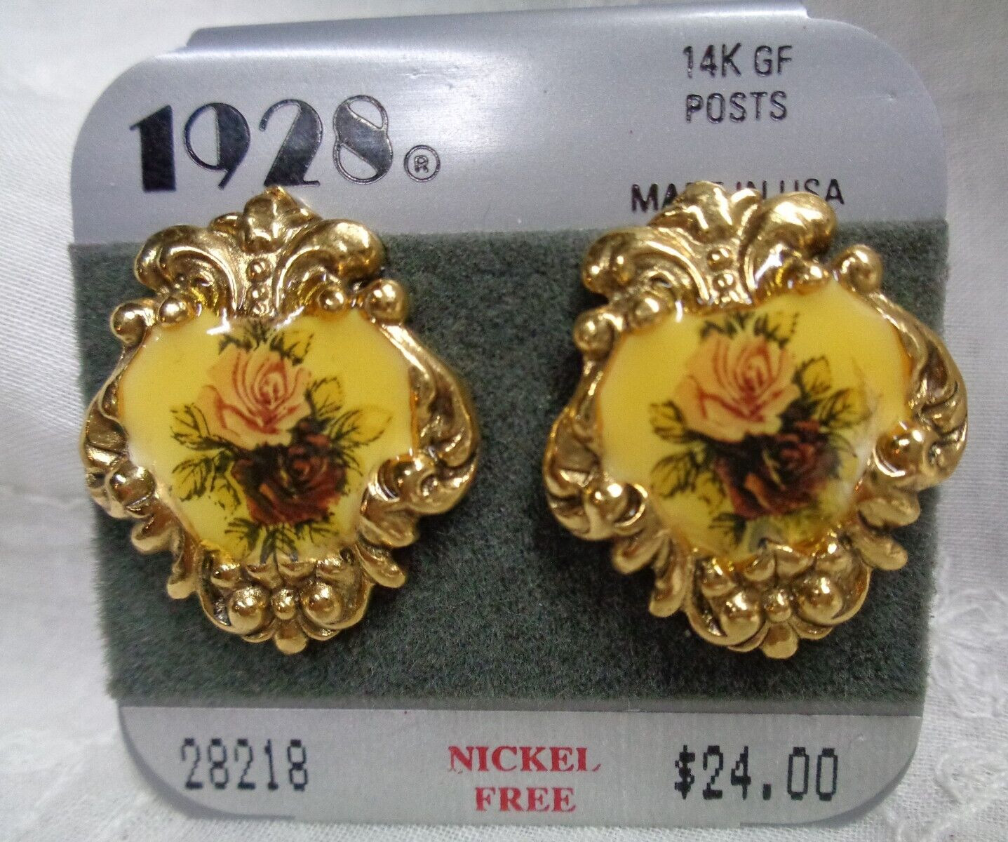 Estate Jewelry ~ 1928 Enamel Flower Floral Nickel Free Pierced Earrings 28218