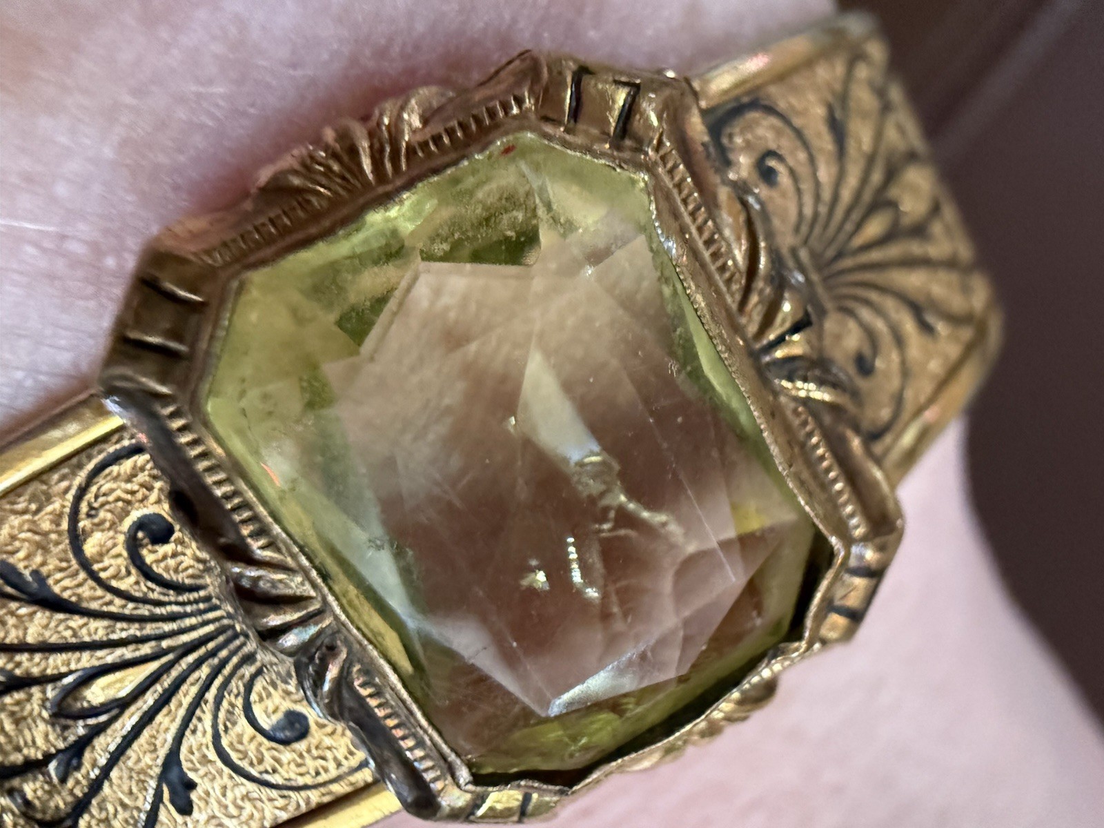 Antique Art Deco Bangle JJ White Bracelet Gold Plated Green Stone Vintage
