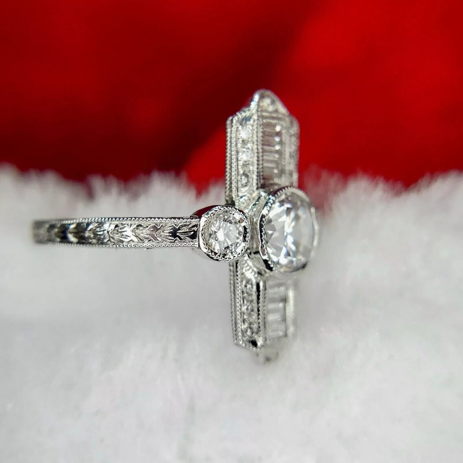 14K White Gold FN Round Cut Art Deco Style Lab-Created Diamond Wedding Ring
