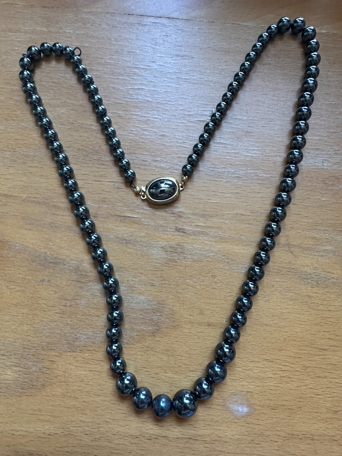 Vintage Hematite Bead Graduated Necklace Fishhook Closure, 1960s