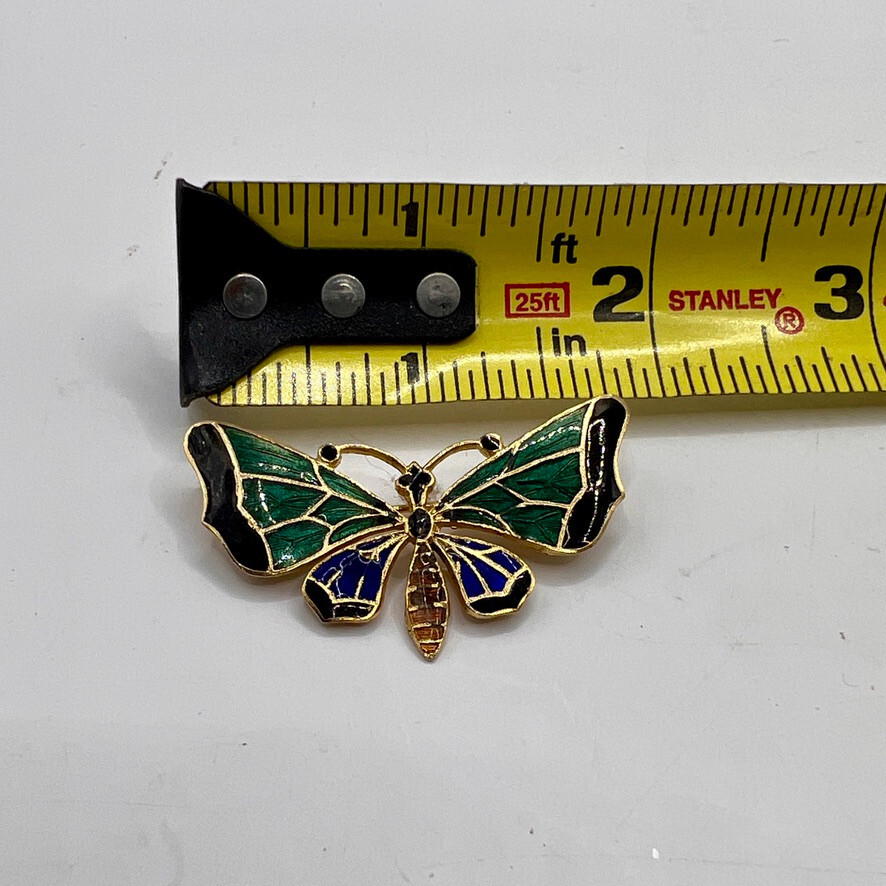 Enamel Butterfly Brooch Pin Vintage Goldtone Bright Blue Green Black Insect GVC