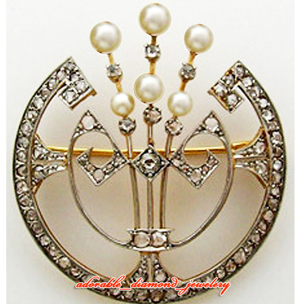 Stunning 1.68ctw Rose Cut Diamond Pearl Studded Silver Victorian Brooch Jewelry