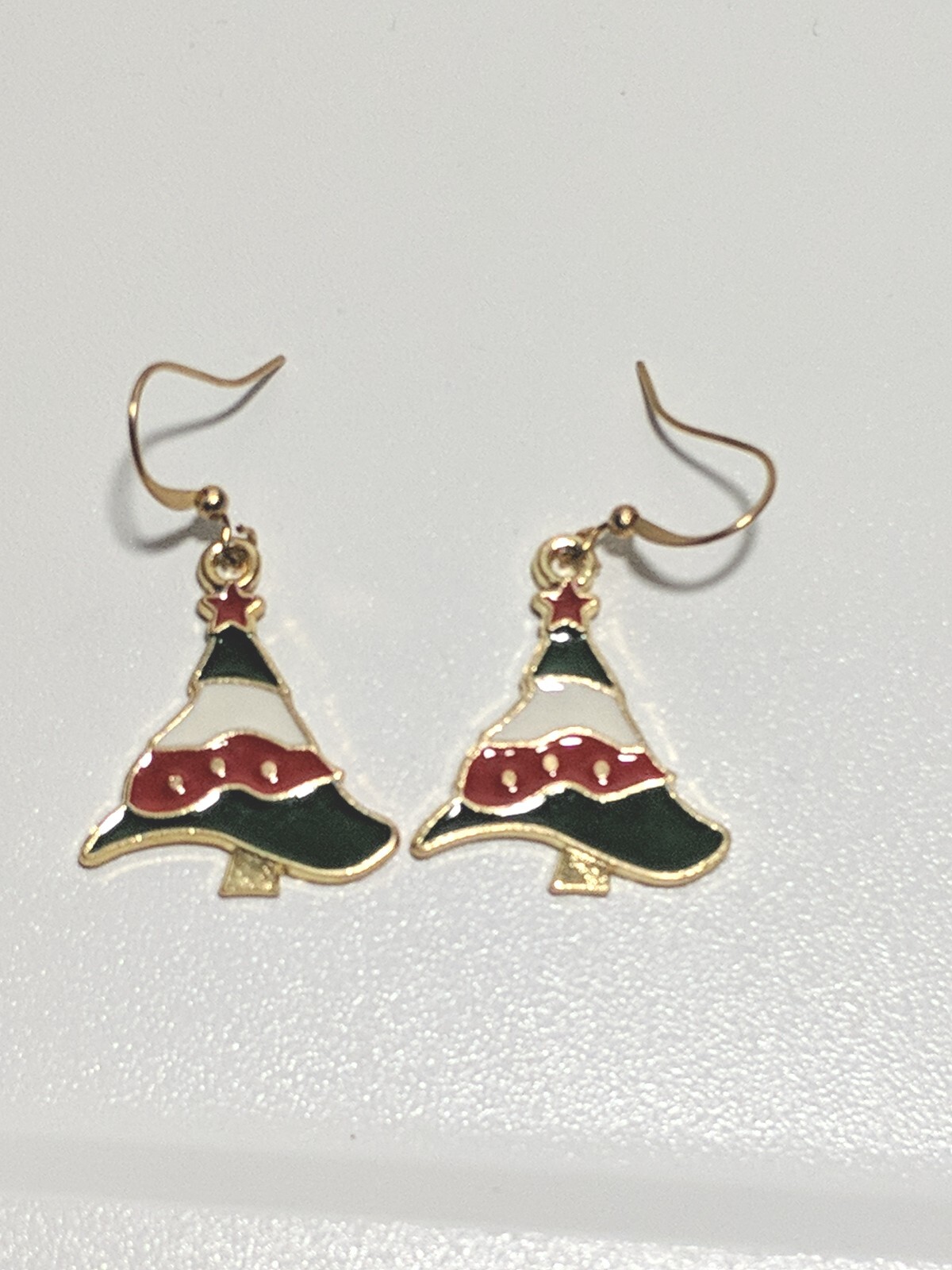 Dangle Drop Earrings Christmas Trees Green White Red Gold Filled Hooks