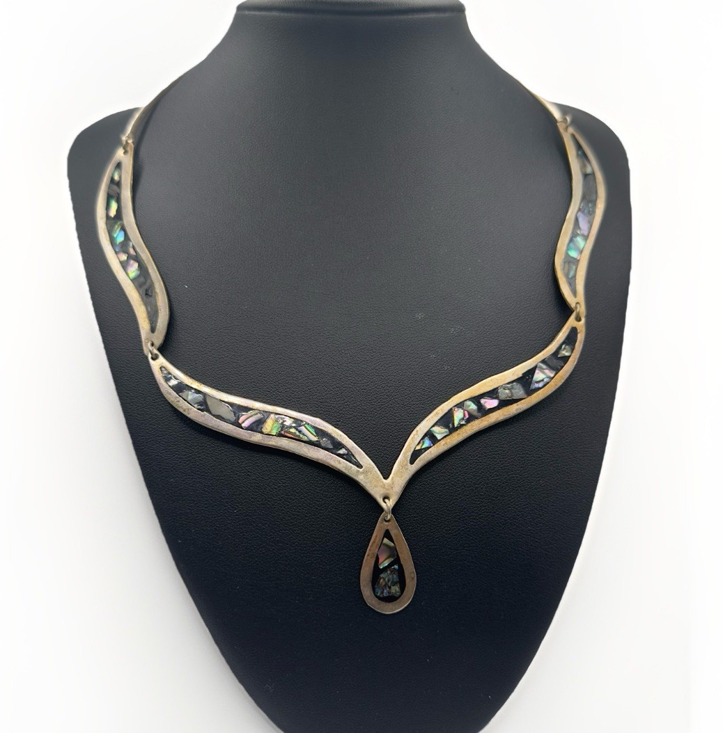 Vintage Mexican Alpaca Abalone Inlay Necklace 17″ Panel Link Drop Pendant