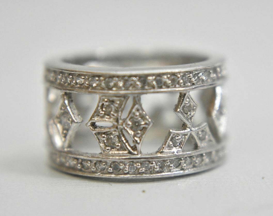Crystal ring or wide band boho cocktail pinky sterling silver Size 5.50