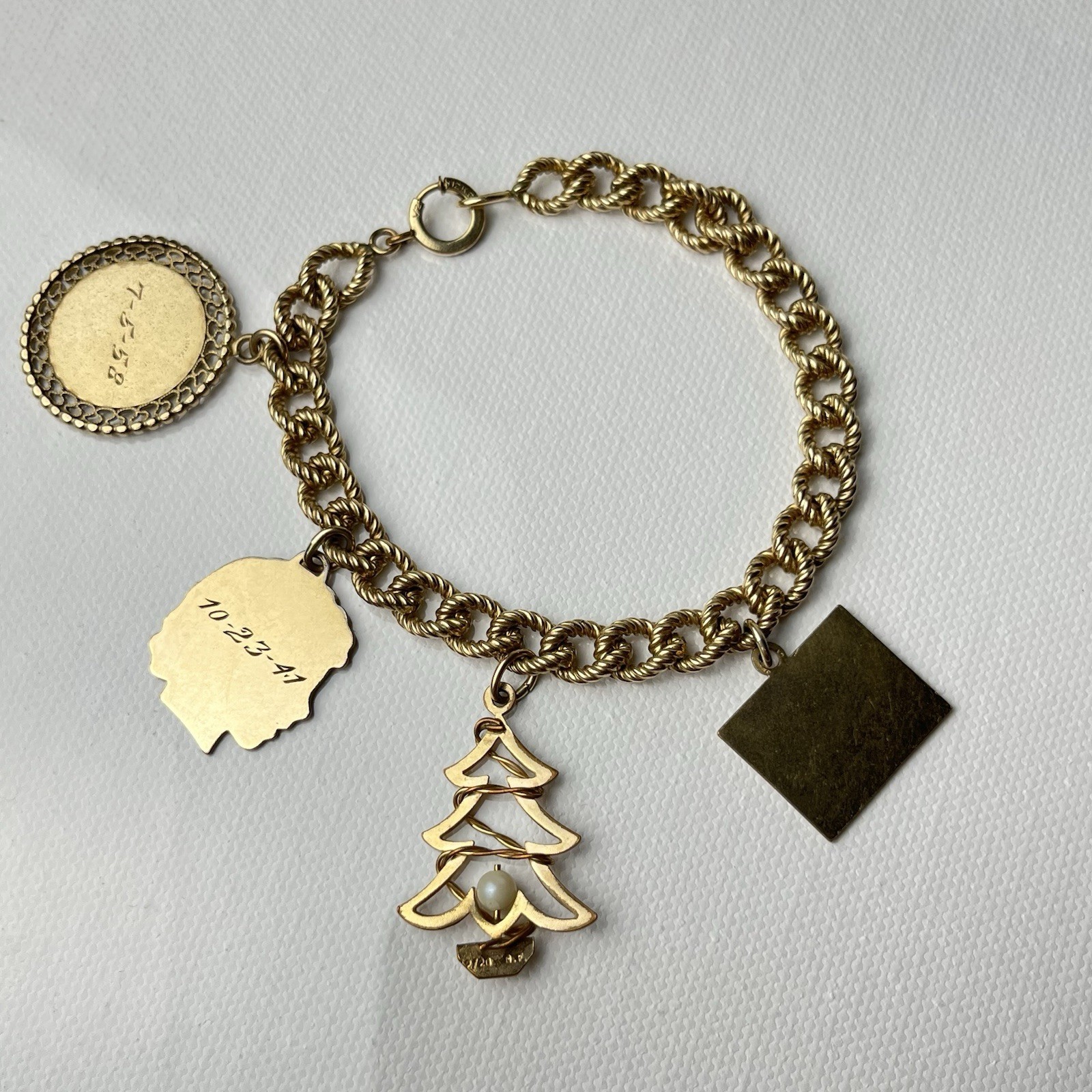 Vintage 12k Gold Filled Charm Bracelet Curb Link twisted rope 6.75 in (6 3/4 in)
