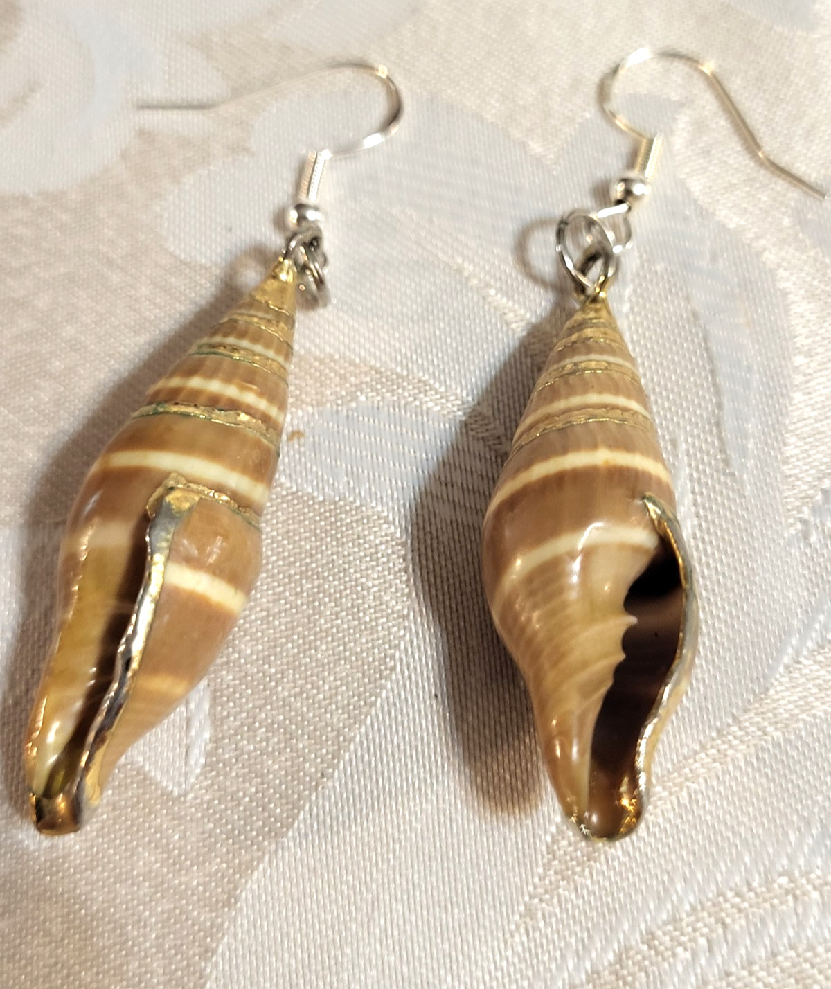 70s Vintage 925 Silver Golden and Brown Natural Seashell Dangle Drop Earrings