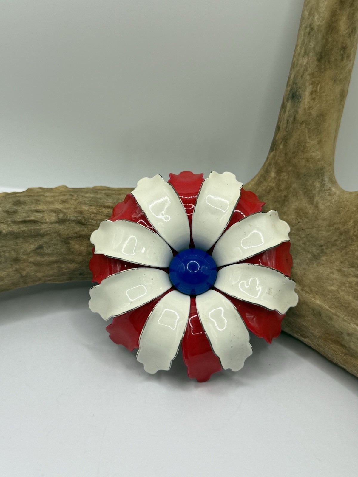 Vintage MCM Red White Blue Enamel Flower Brooch Pin Patriotic 4th Of July