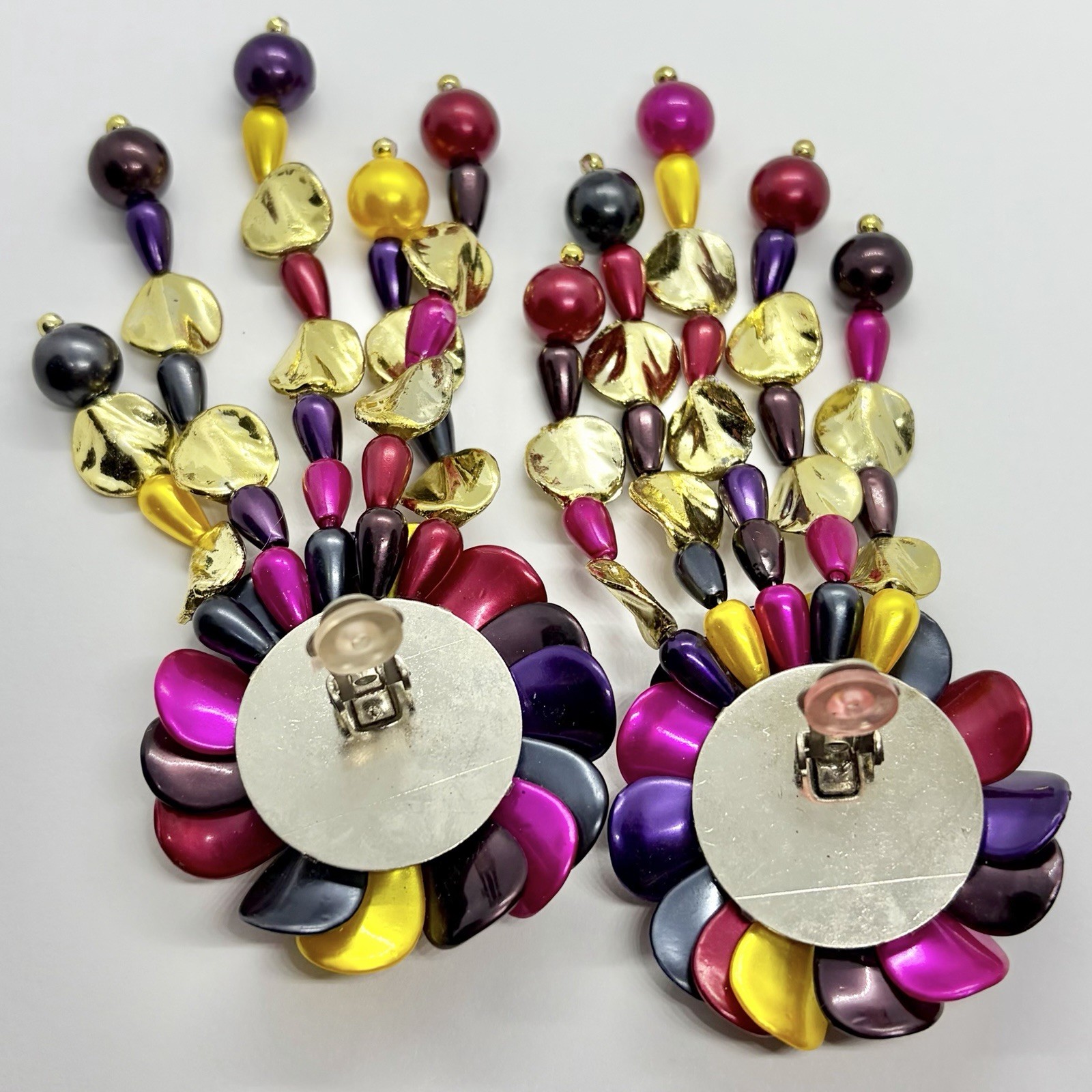 Vtg XL Runway Lucite Multicolor Chandelier Beaded Statement Earrings Clip-on Big