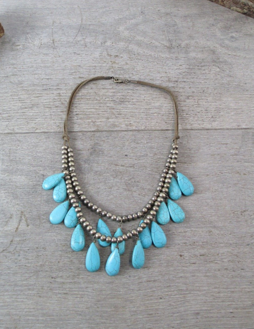 Vintage Faux Turquoise Teardrop Multi Strand Necklace Costume Statement 20” VTG