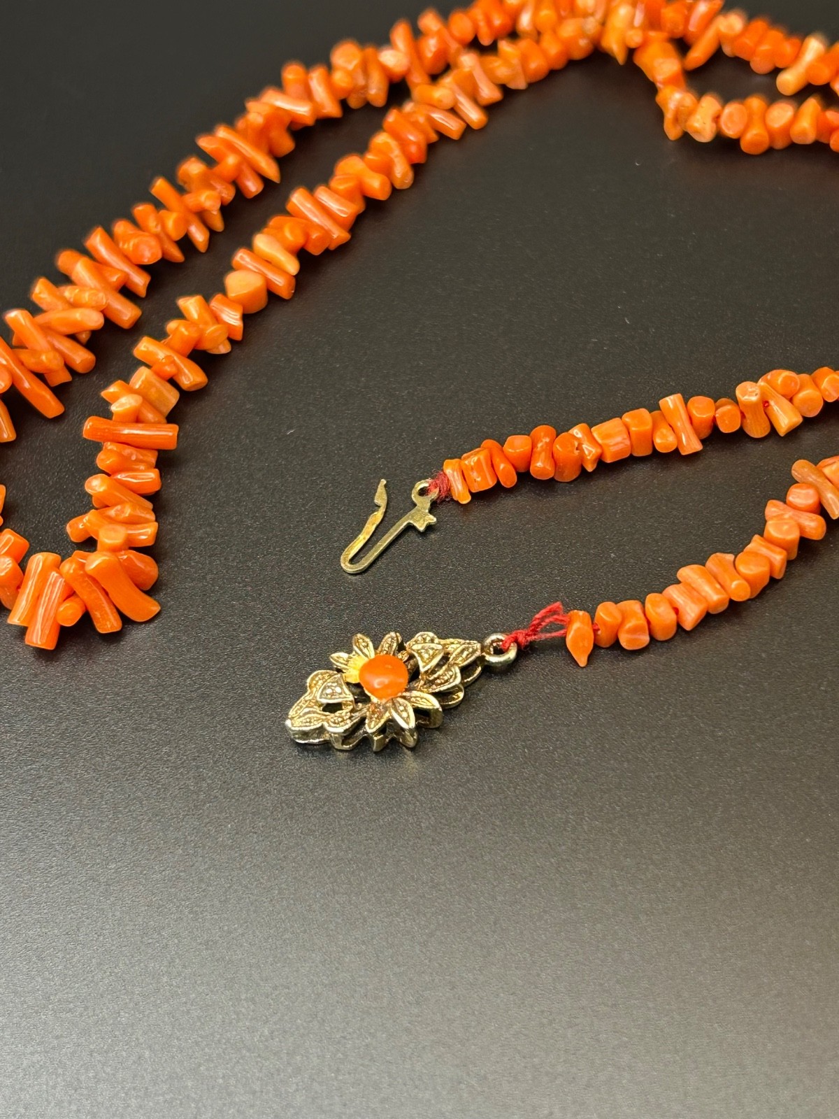 Vintage Branch Coral Necklace 21.5” Gilt 835 Silver Filigree Pendant & Clasp