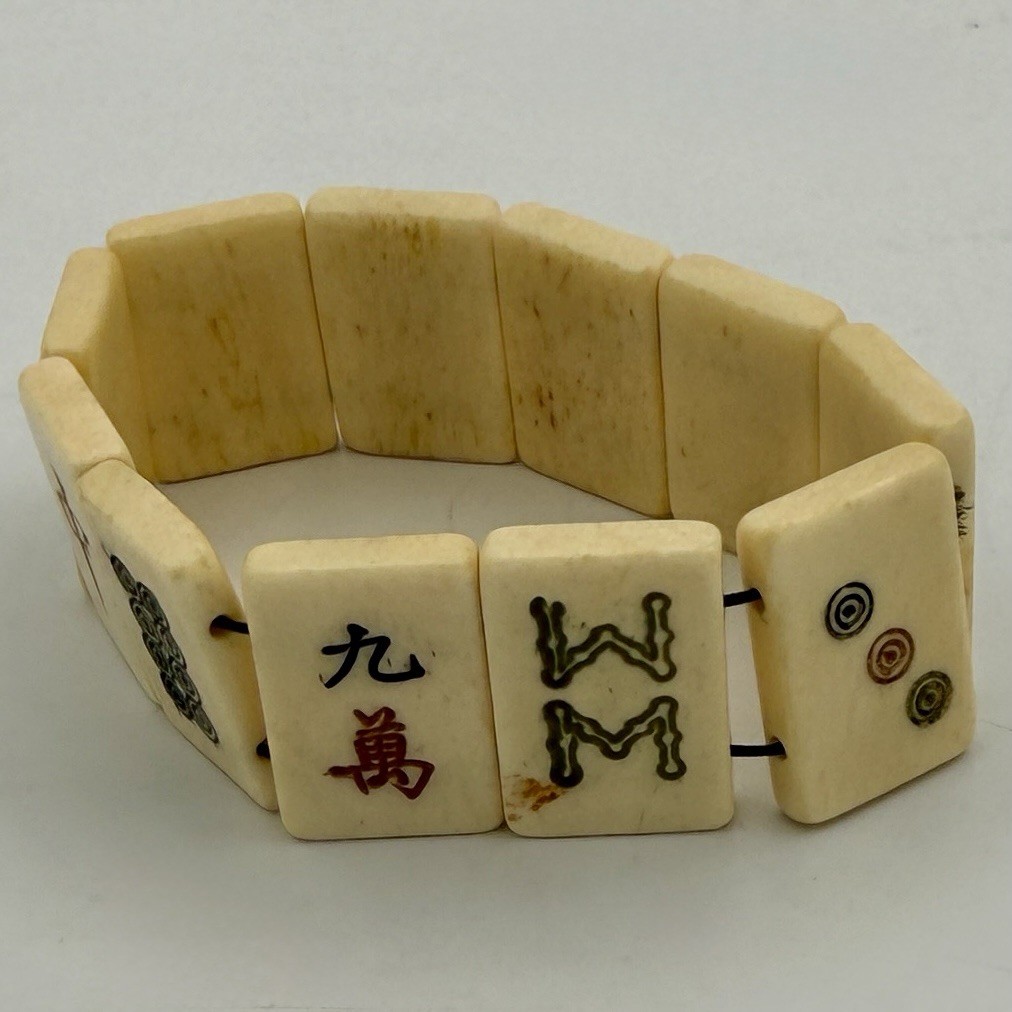 Vintage Bone Mahjong Tile Bracelet With Elastic 1” x 5/8” Tiles