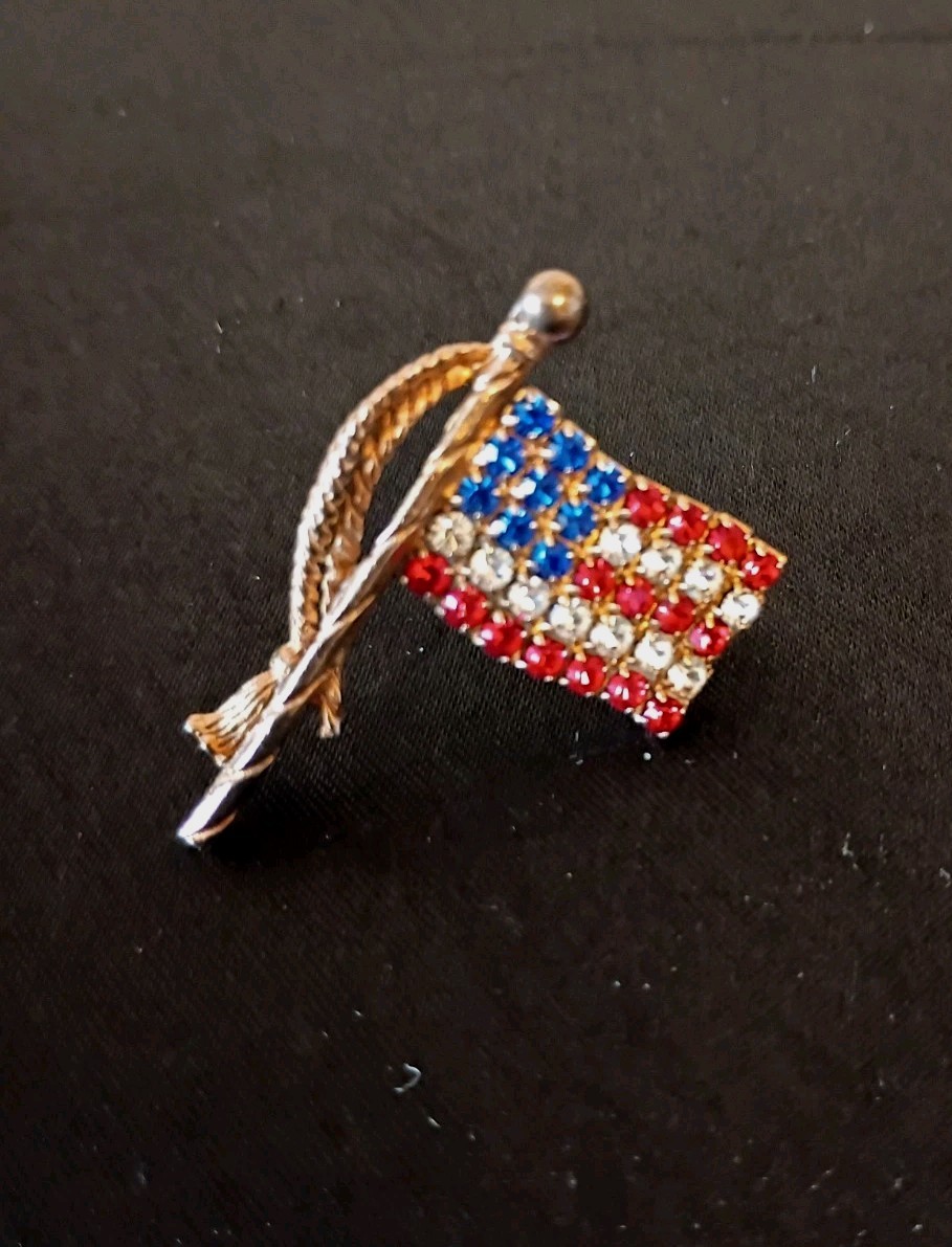 Vintage Red-White-Blue Rhinestone American Flag Pin w/Gold Tassel
