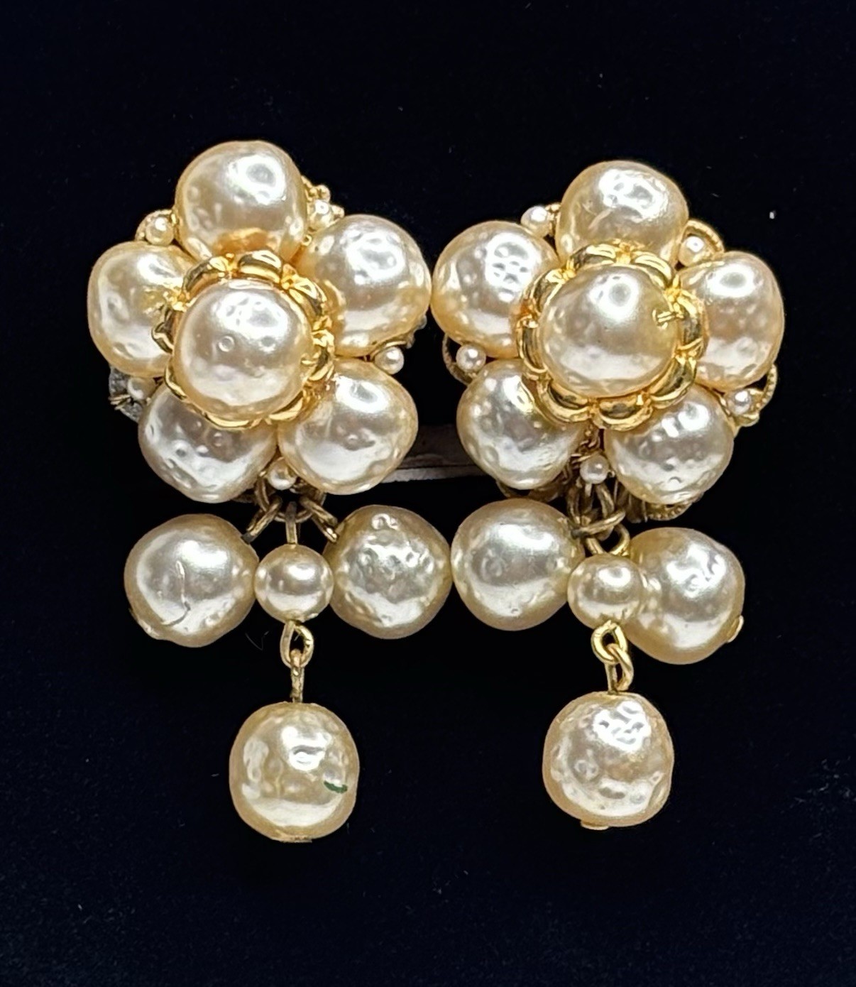 Miriam Haskell Faux Pearl Baroque Dangle Screw Back Clip Gold Tone Earrings