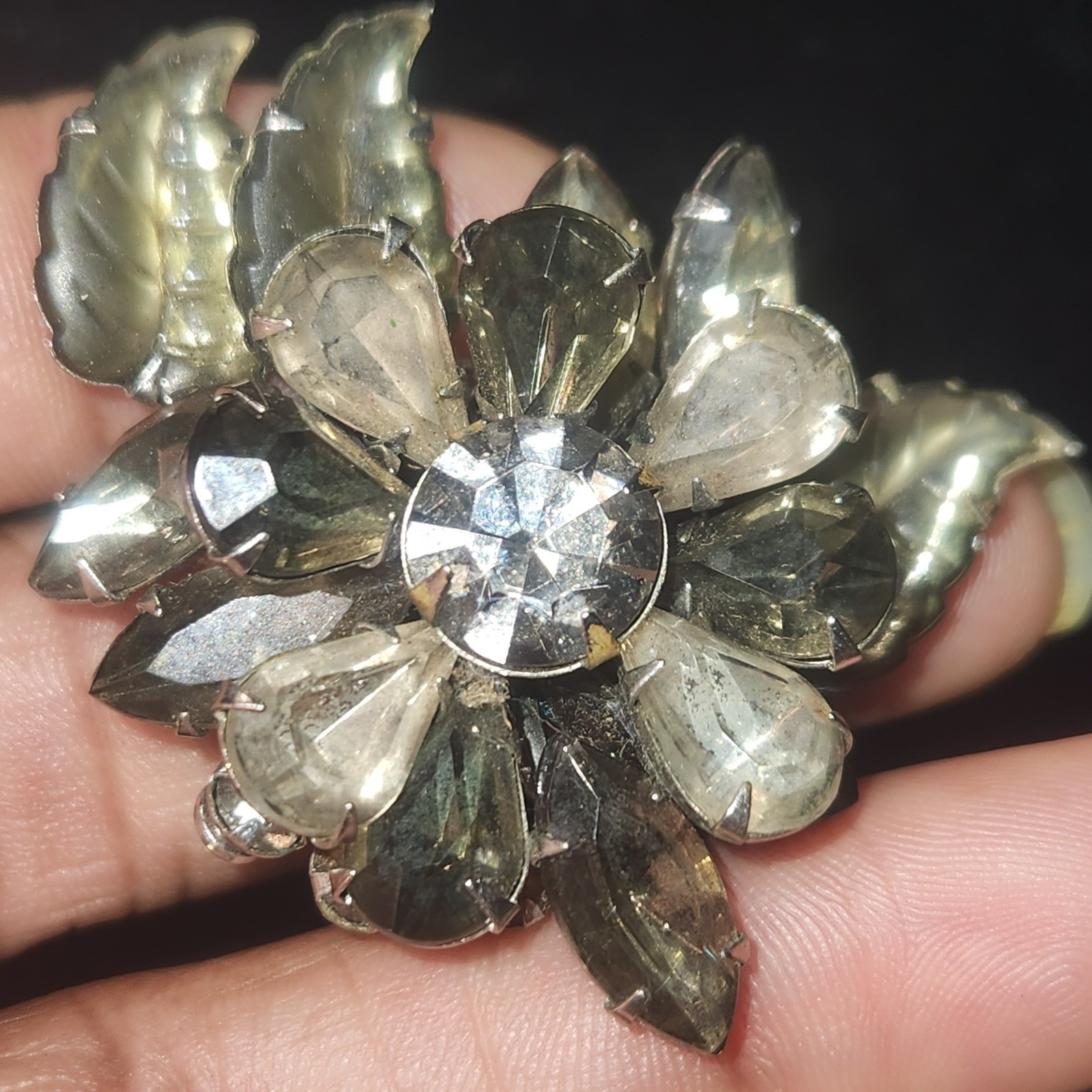 Vintage Rhinestone Flower Brooch Silver Tone Floral Pin smoky gray
