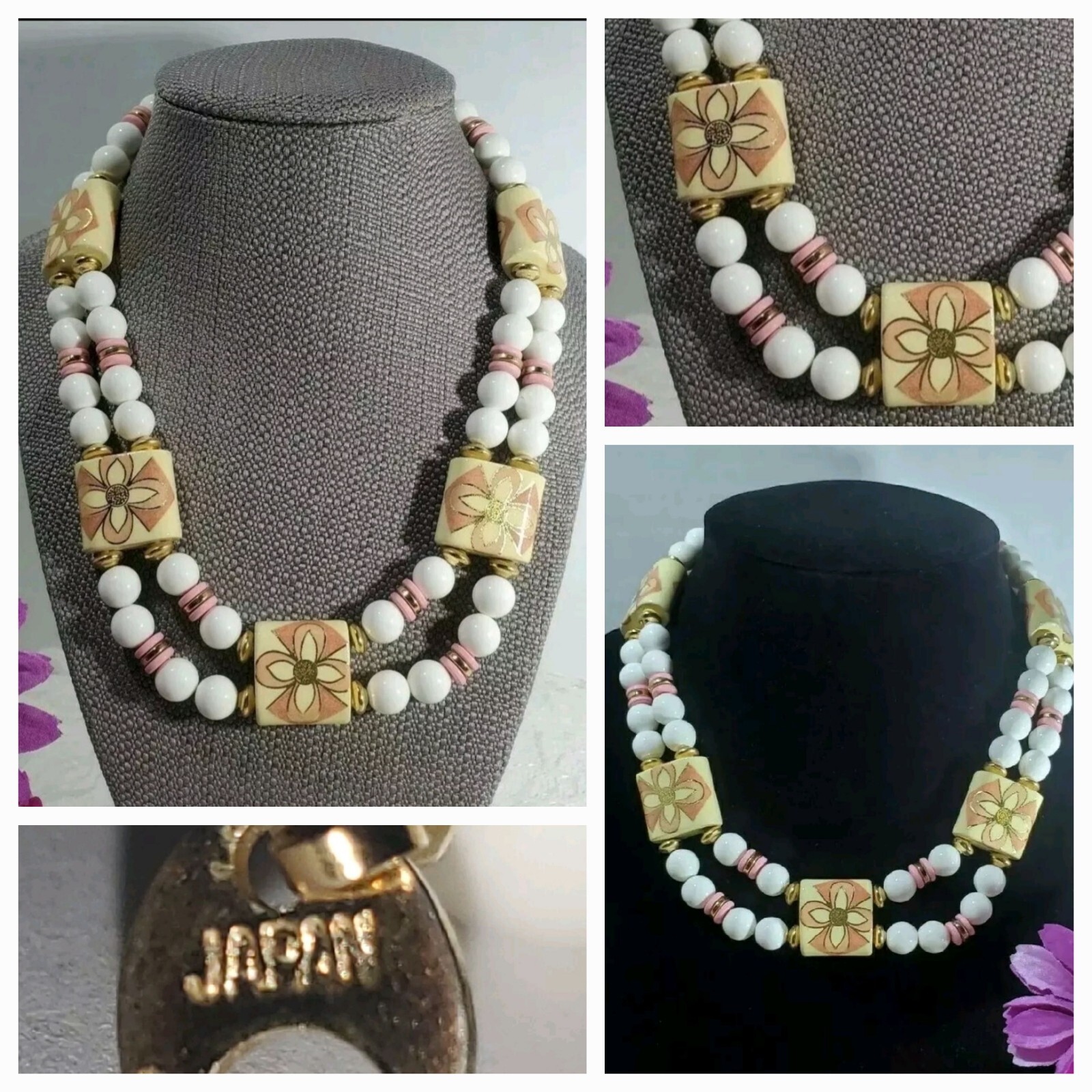 VTG Floral Lucite Bead NECKLACE 2 Strand Cream White Pink GoldTone Japan Stamped