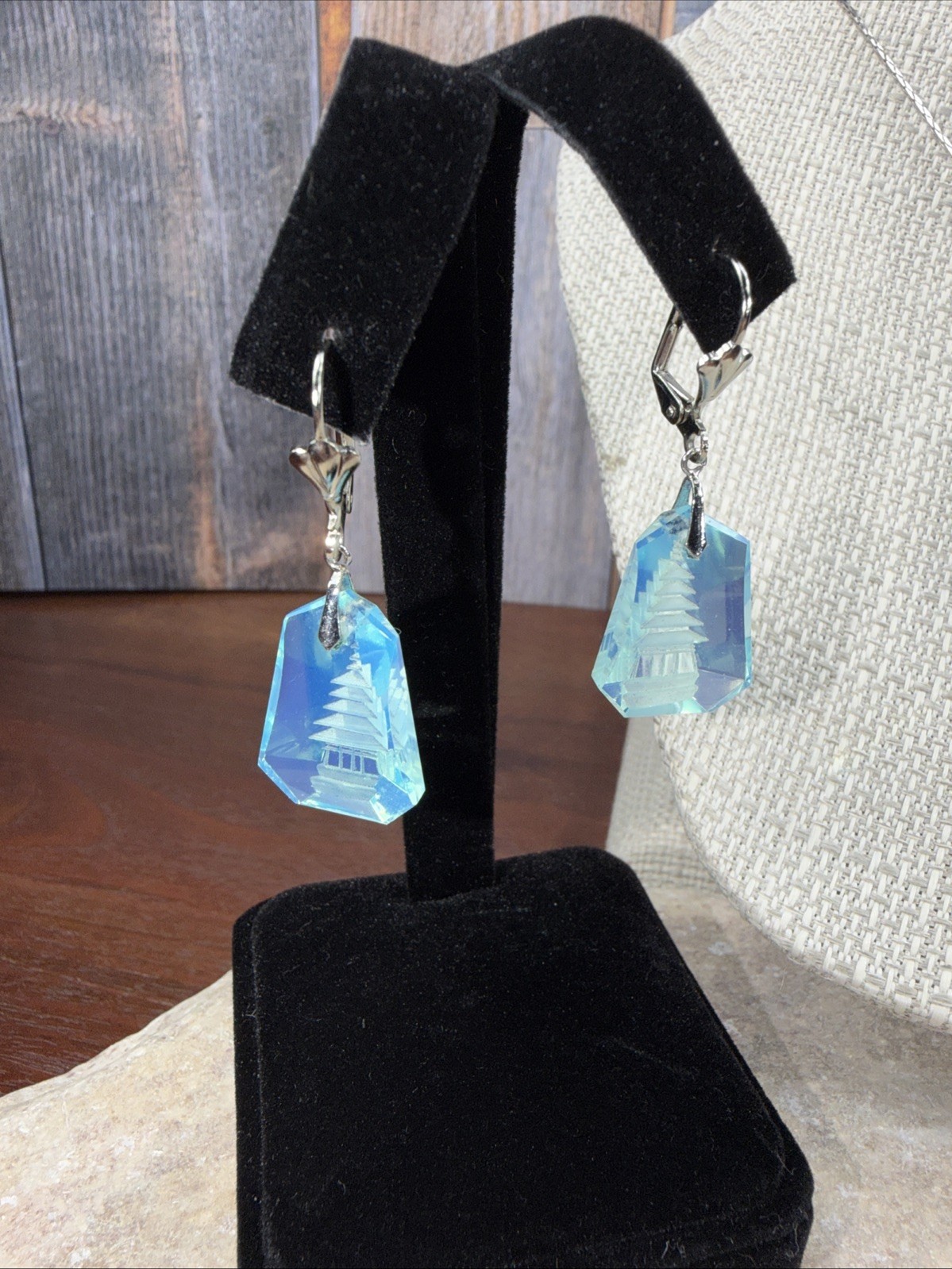 Opaline Blue Glass Japanese Pagoda Necklace & Earrings Set reverse carved