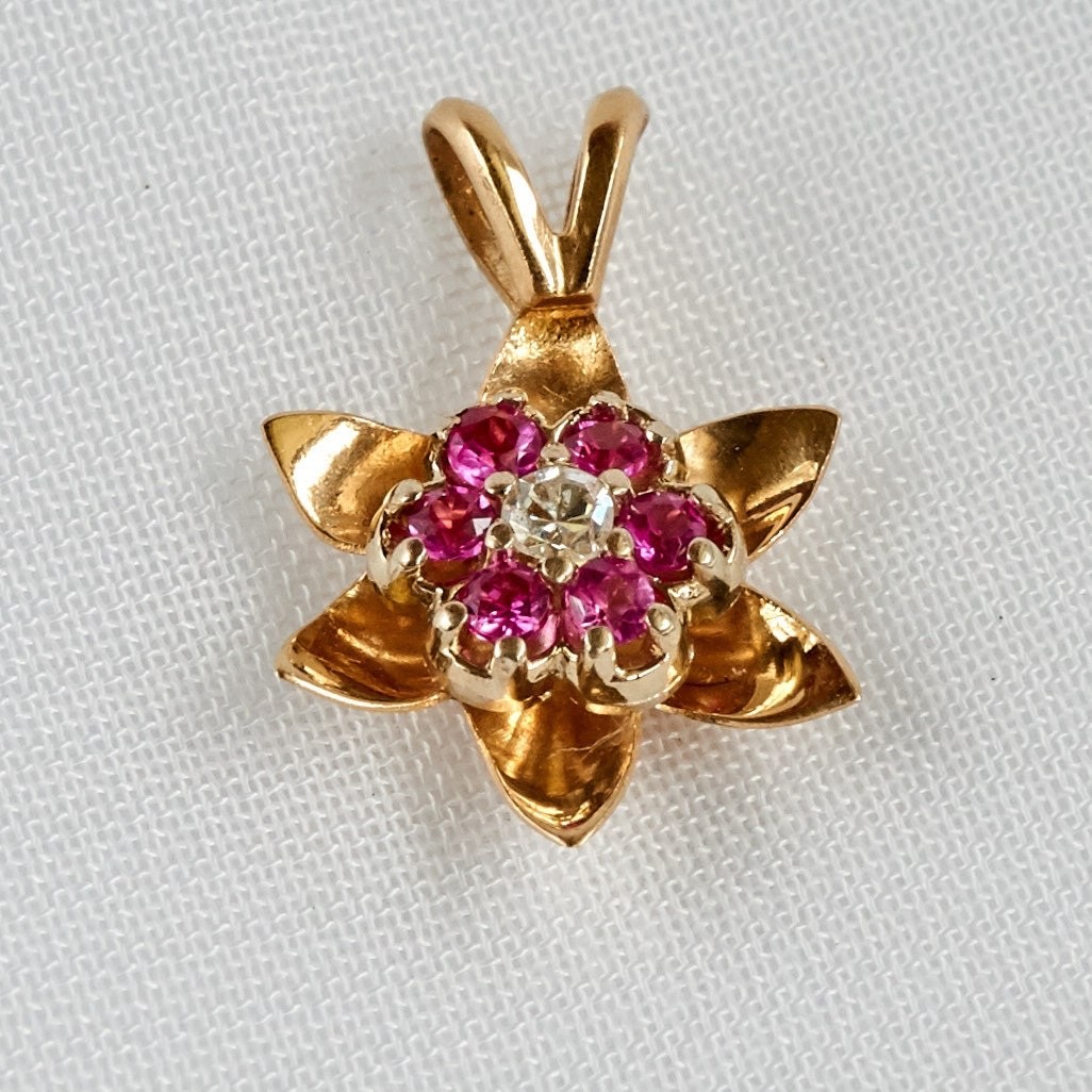 14K Solid Yellow White Gold Ruby Diamond Flower Pendant Necklace, Lab Ruby