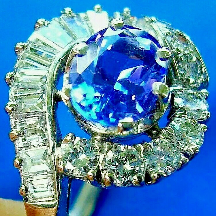 Original EARTH MINED TANZANITE DIAMOND DECO Engagement Ring Solitaire 14K GOLD 7