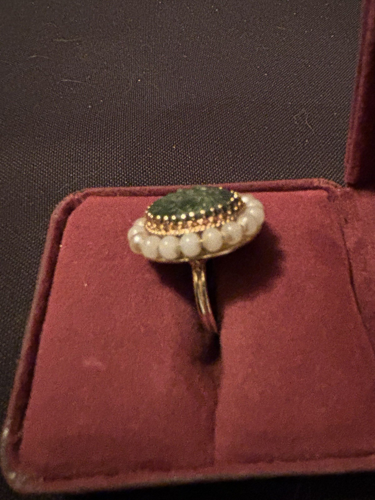 JANUARY SPECIAL – Vintage Carved Jade & Pearl 14K Yellow Gold Ring