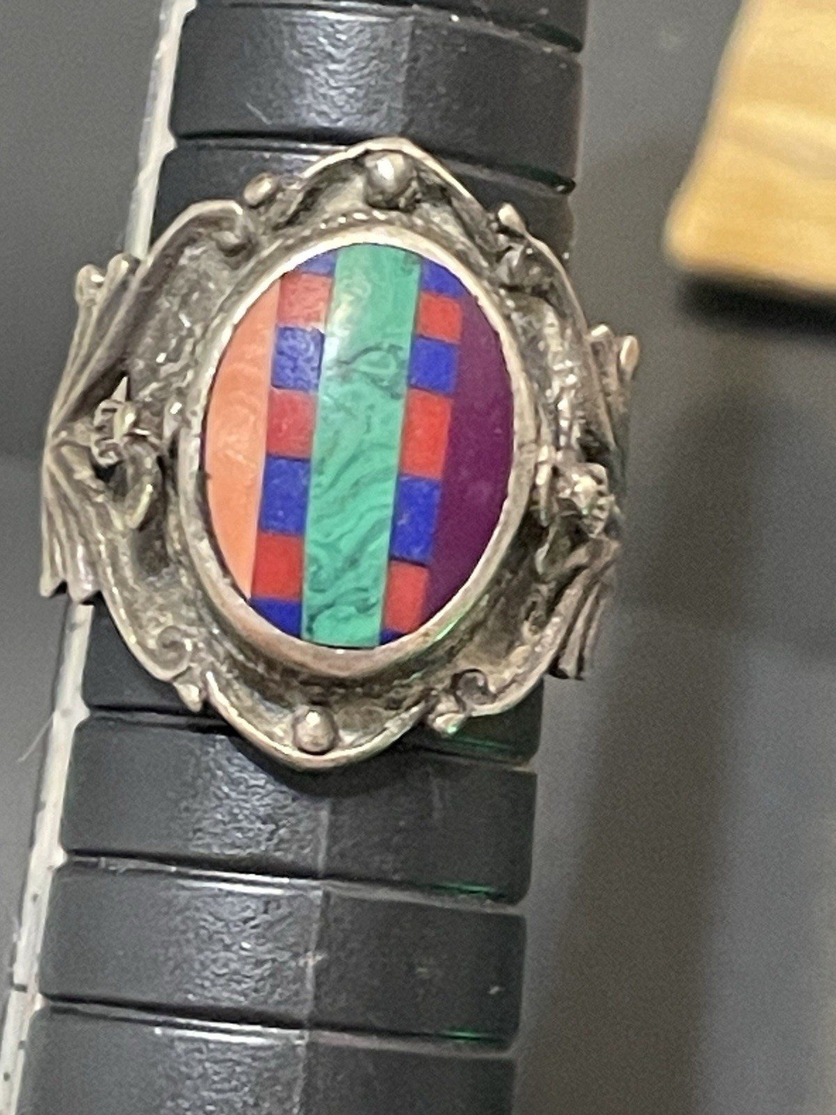Vintage Sterling Natural Multi Stone Inlaid Statement Ring Floral Sz 6 4.55g