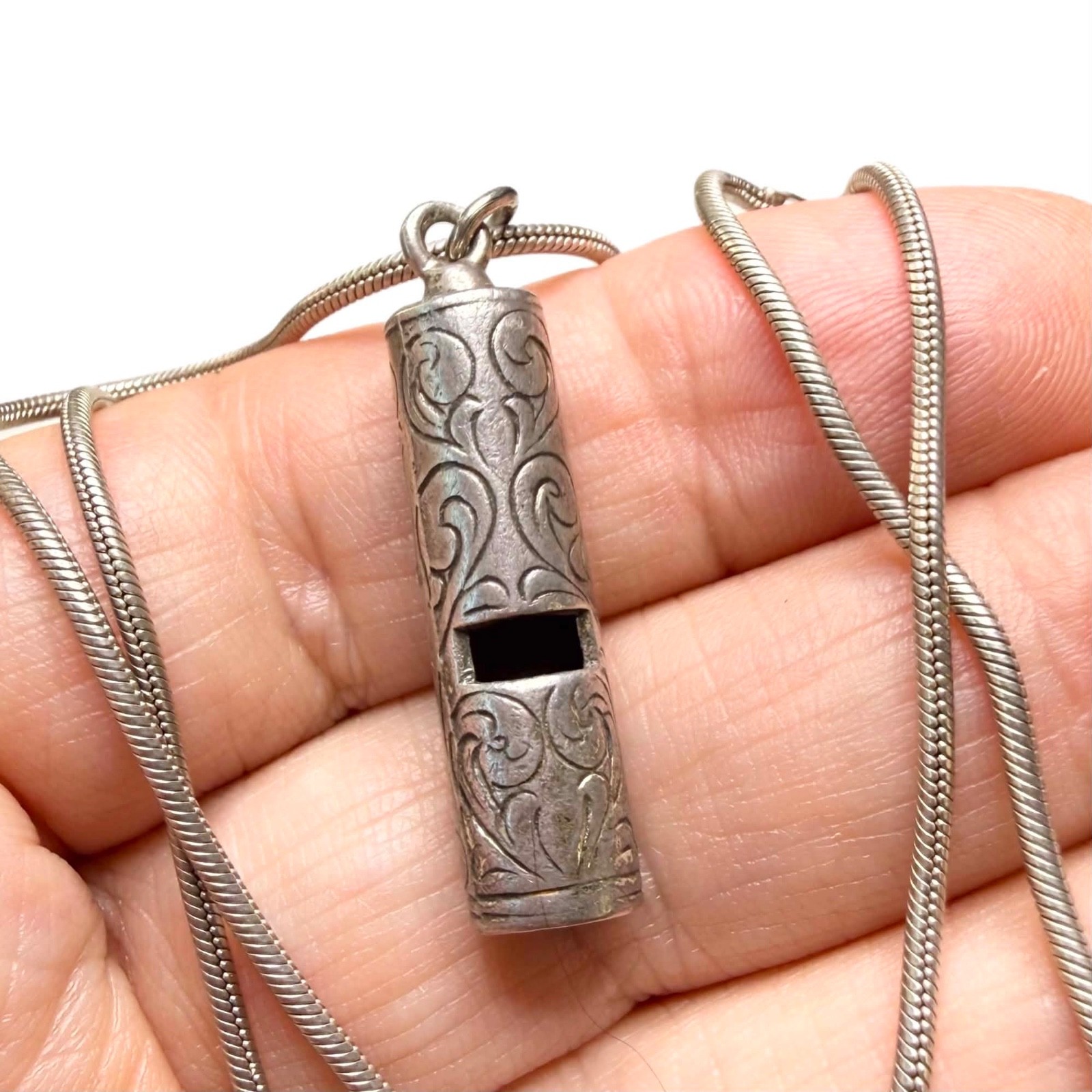 LUX Vintage Sterling Silver Engraved Whistle, Pendant + Necklace, 17”