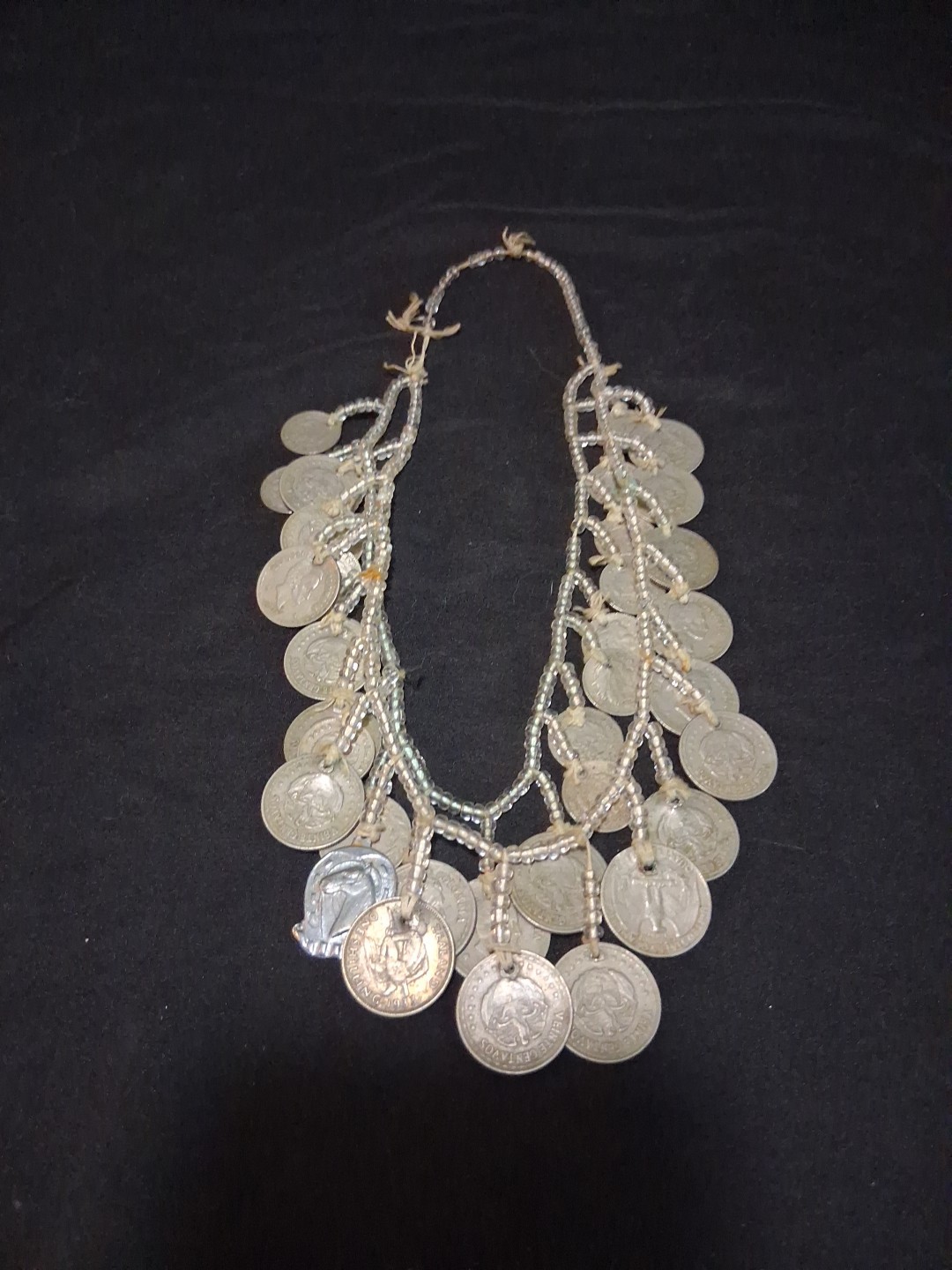 Coins From Around The World Necklace 1930s-60s Clear Beads String Custom Made