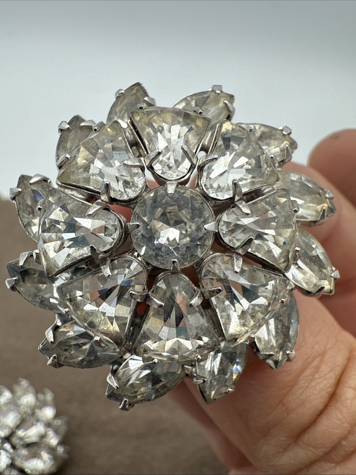 Vintage Clear Rhinestone Tiered Clip On Earrings Silver Tone