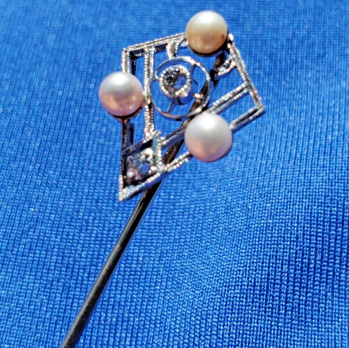 Original EARTH MINED DIAMOND Deco Gatsby era Pin Vintage Pearl 14K WHITE GOLD