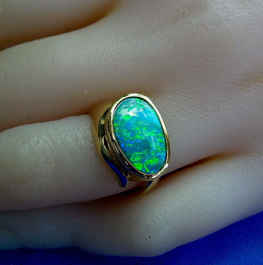 Original EARTH MINED Black OPAL Deco Ring Designer Hand made SOLID 14K GOLD 6.25
