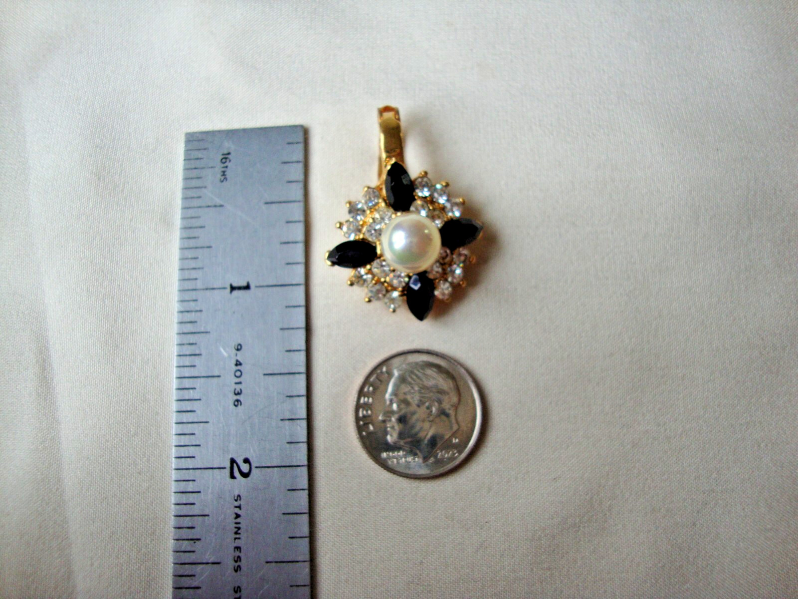 Vintage Fashion Jewelry Faux Pearl Black Marquise & Clear Rhinestone Pendant