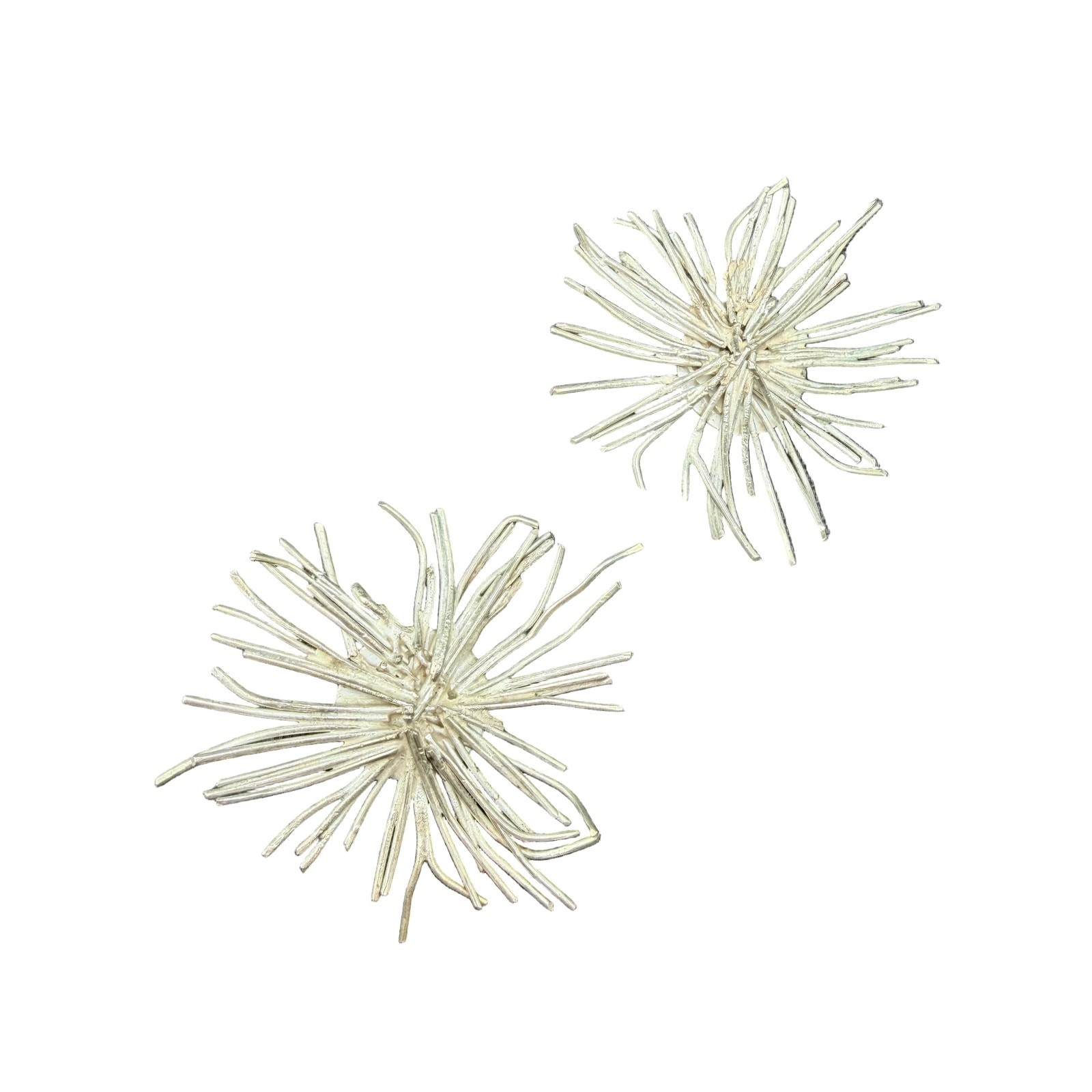 1970s Brutalist Sterling Silver Wire Starburst Statement Clip Earrings